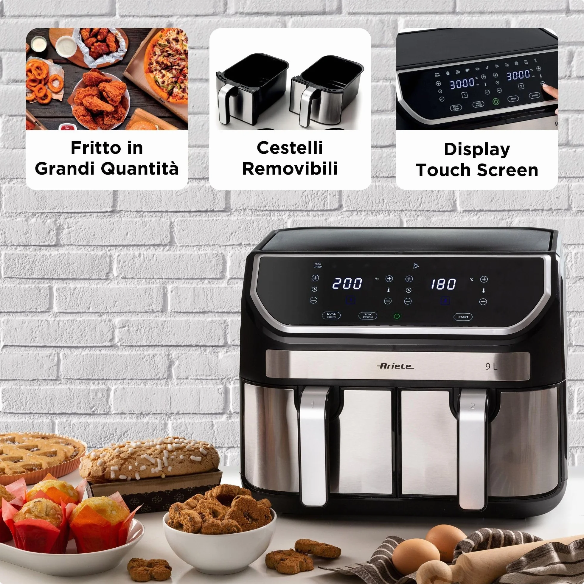 Ariete 4625 frytkownica powietrzna 9 l, 2100 W, pojemność 9 l, podwójny kosz, pojemność gotowania 3,6 kg, 11 zaprogramowanych programów, funkcja Max Crisp, temperatura do 200°C, nieprzywierający kosz