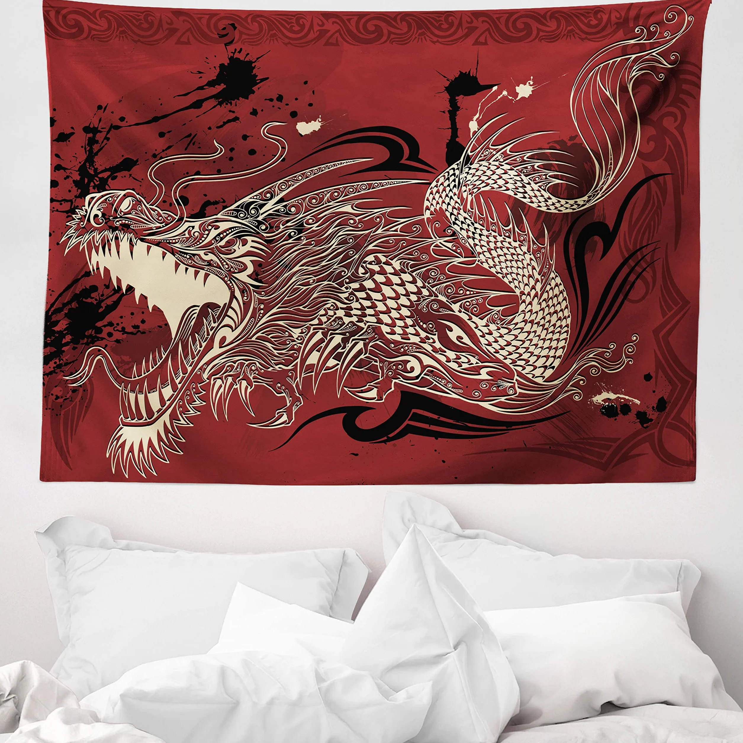 ABAKUHAUS Dekoracyjny gobelin smok Zły smok Doodle grunge japoński Eastern Ethereal 150x110cm