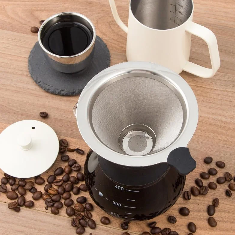 PIQIUQIU Pour Over ekspres do kawy 400ml, szklany ekspres do kawy, ręczny ekspres do kawy kroplowy, ręczny ekspres do kawy z filtrem ze stali nierdzewnej