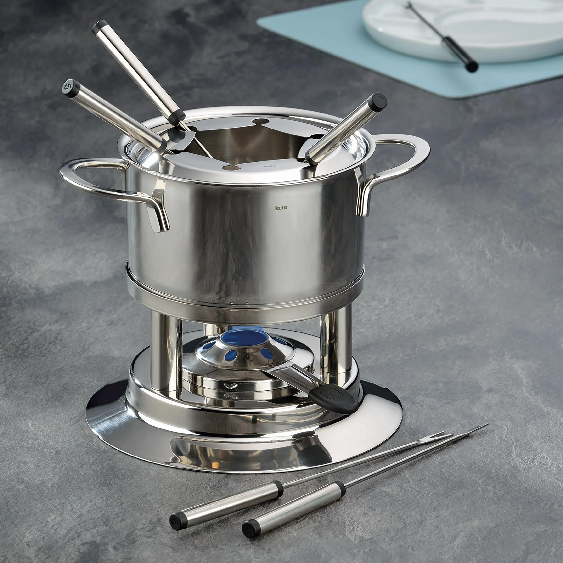 kela Zestaw fondue do mięsa, 10 szt., fondue ze stali nierdzewnej dla 6 osób Cailin, zestaw do fondue z uchwytem na pastę paliwową, widelce, uchwyt na widelec