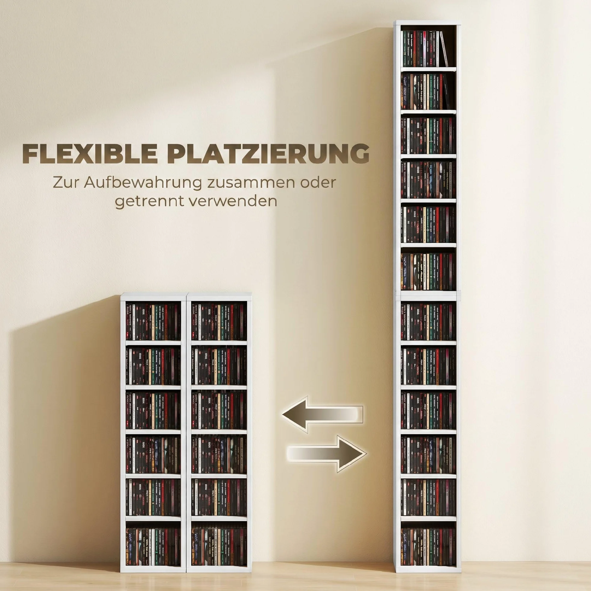 HOMCOM Regał na płyty CD, DVD i Blu-ray, zestaw 2 sztuk, możliwość układania w stos, 21 x 22,5 x 88,5 cm, biały | Regał na płyty CD, regał stojący z 5 regulowanymi półkami, regał na media, regał dekoracyjny