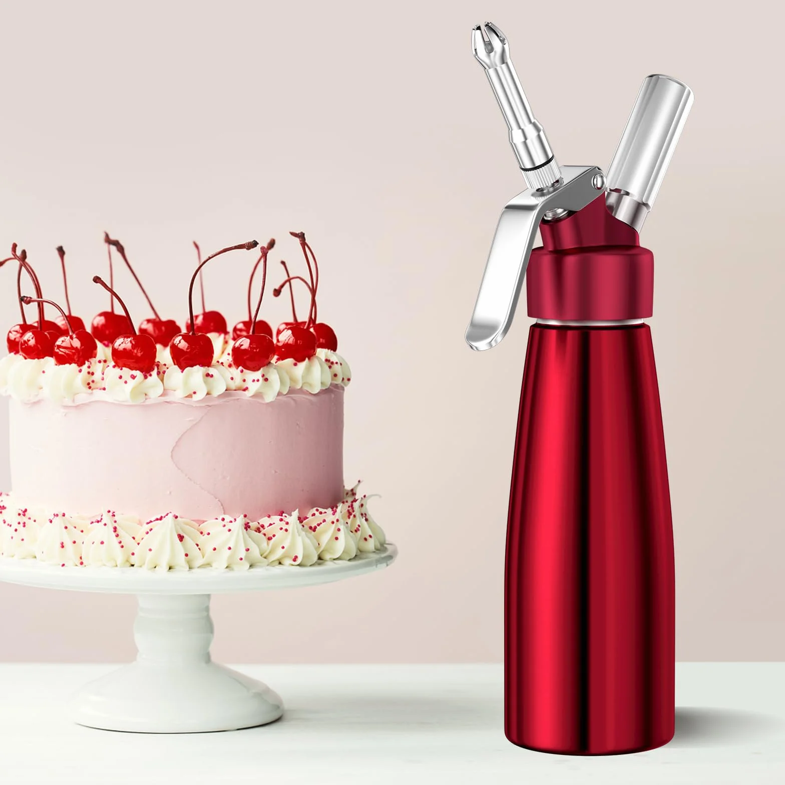 Newaner Syfon do bitej śmietany 500 ml, z aluminium, z 3 końcówkami ze stali nierdzewnej, 1 szczotka do czyszczenia, do dekoracji tortów urodzinowych, ciast, lodów i deserów