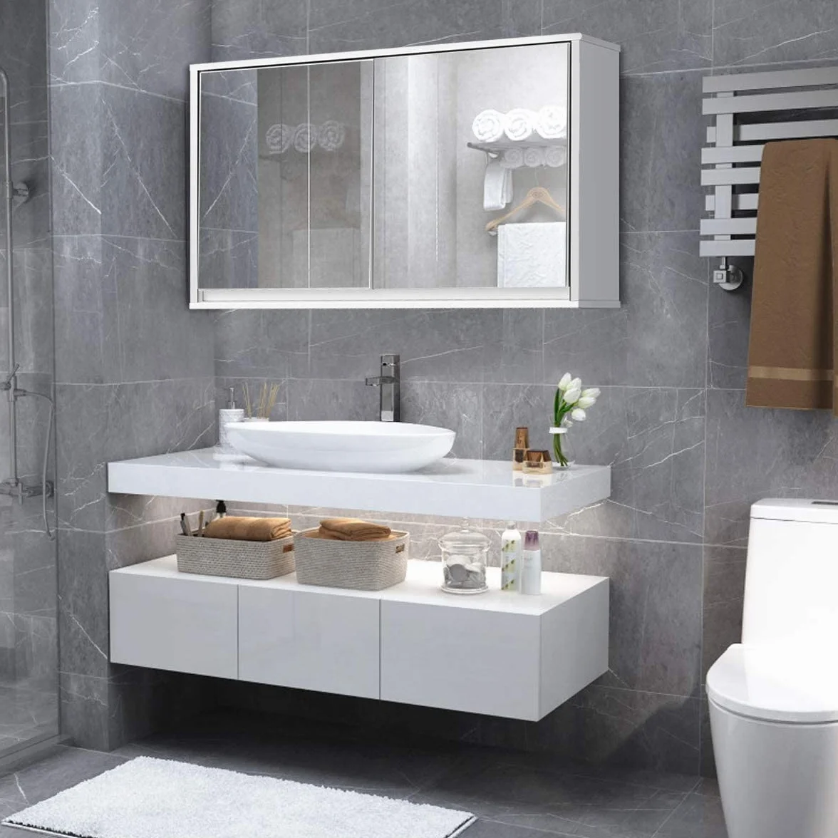 COSTWAY Dwudrzwiowa szafka z lustrem MDF 55x14x45 do łazienki