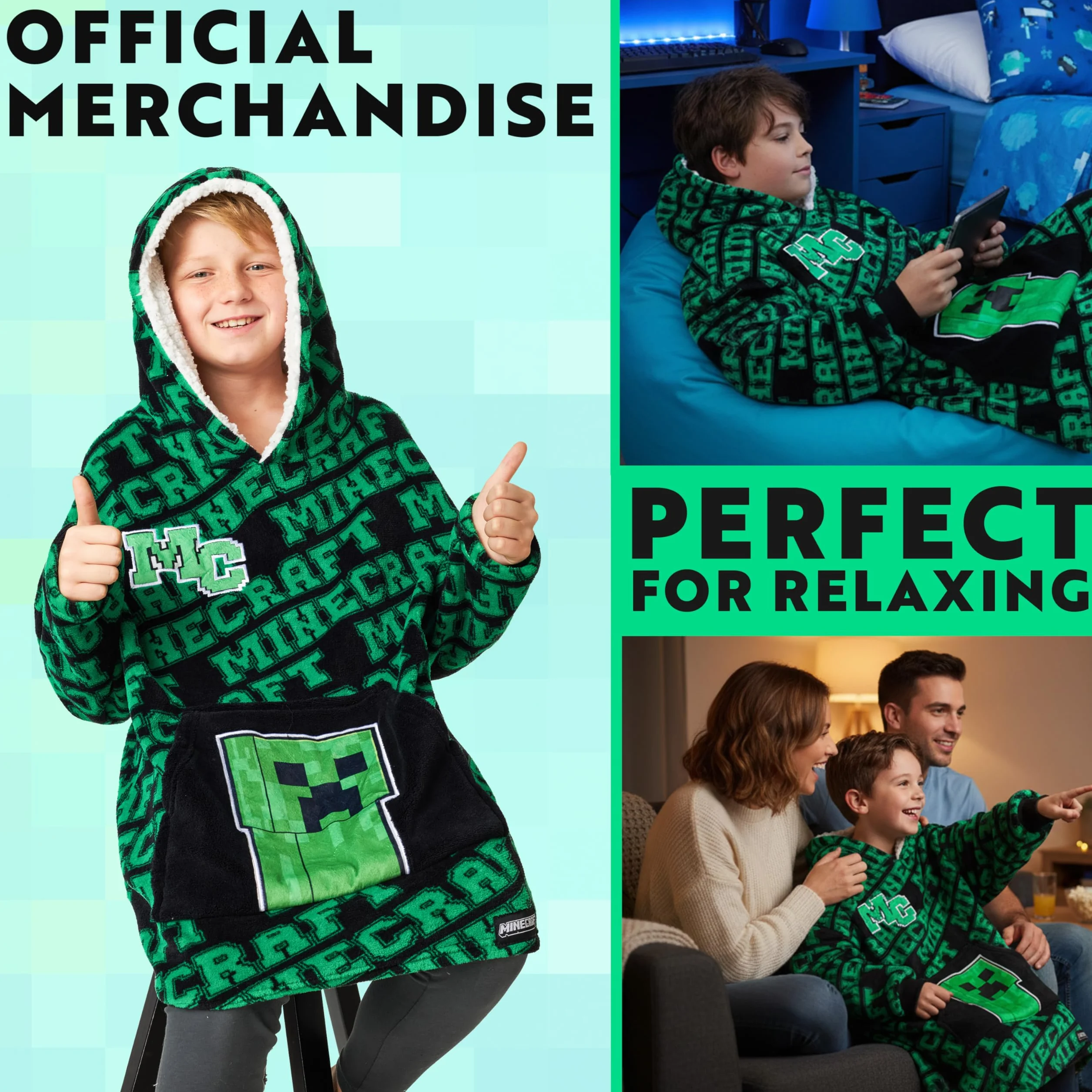 Minecraft Koc z kapturem Creeper Ponczo Polarowe dla Chłopców Zielony Czarny One Size