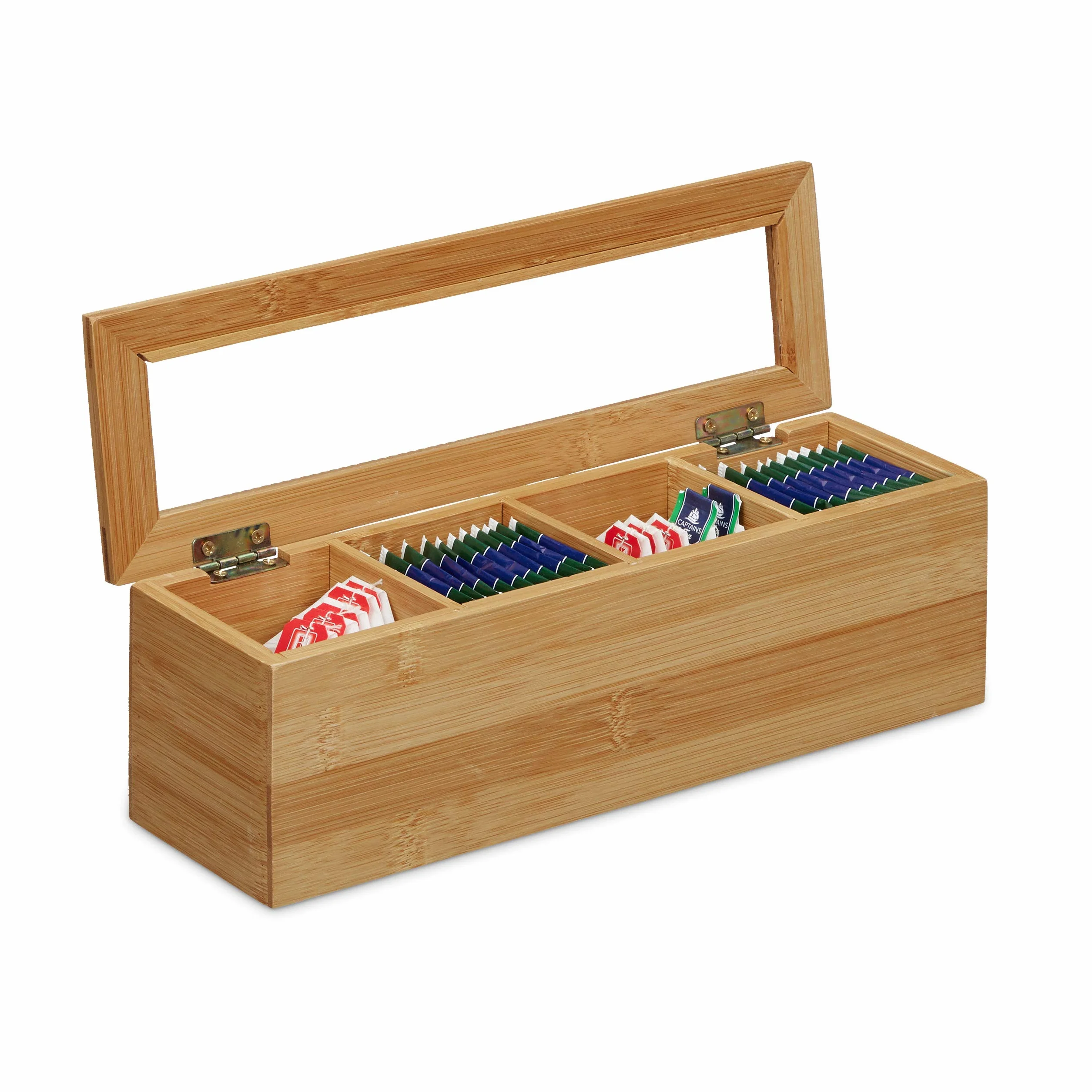 Relaxdays Pudełko na herbatę bambusowe, 4 przegródki, wąskie, okienko z tworzywa sztucznego, wys. x szer. x gł.: 9 x 30 x 9 cm, małe, podłużne, naturalne