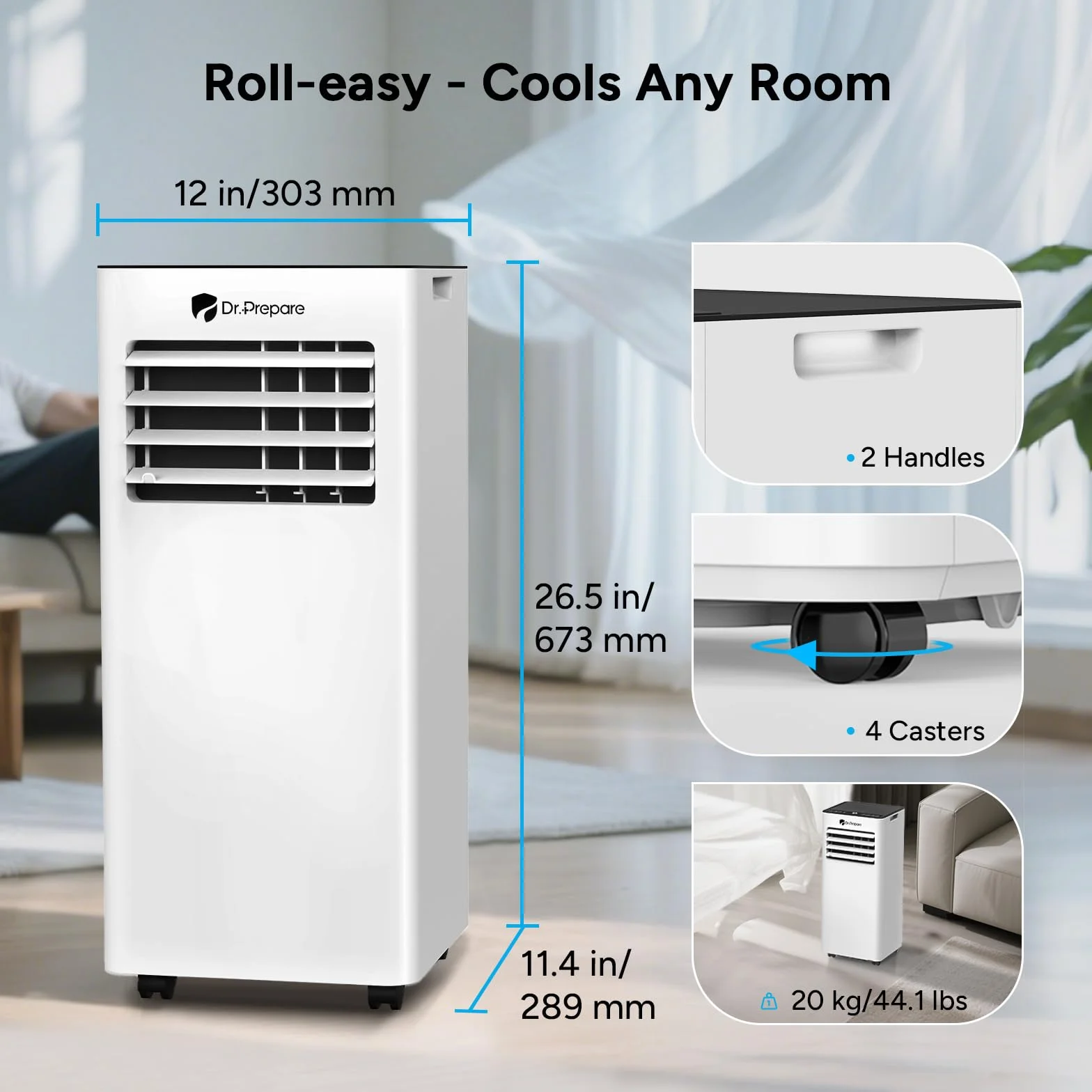 DR.PREPARE 4 w 1 klimatyzator przenośny 7000 BTU z chłodzeniem przenośnym, osuszaczem powietrza, wentylatorem i trybem snu z pilotem, chłodzi do 20 m², timer 1-24 godz.