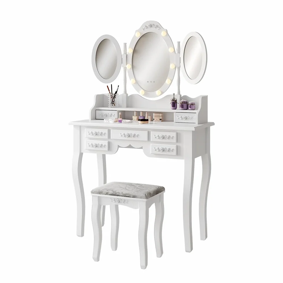 Vicco Stół do toalety "Diana", Biały, 90 cm | z oświetleniem i stołkiem, avec éclairage LED et tabouret, miroir réglable en hauteur