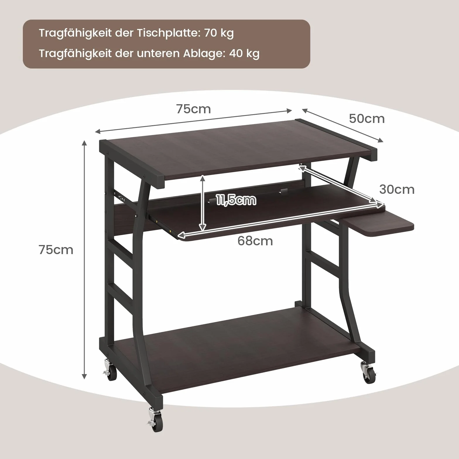 COSTWAY Stolik pod komputer drewnopochodny 75x50x75 cm