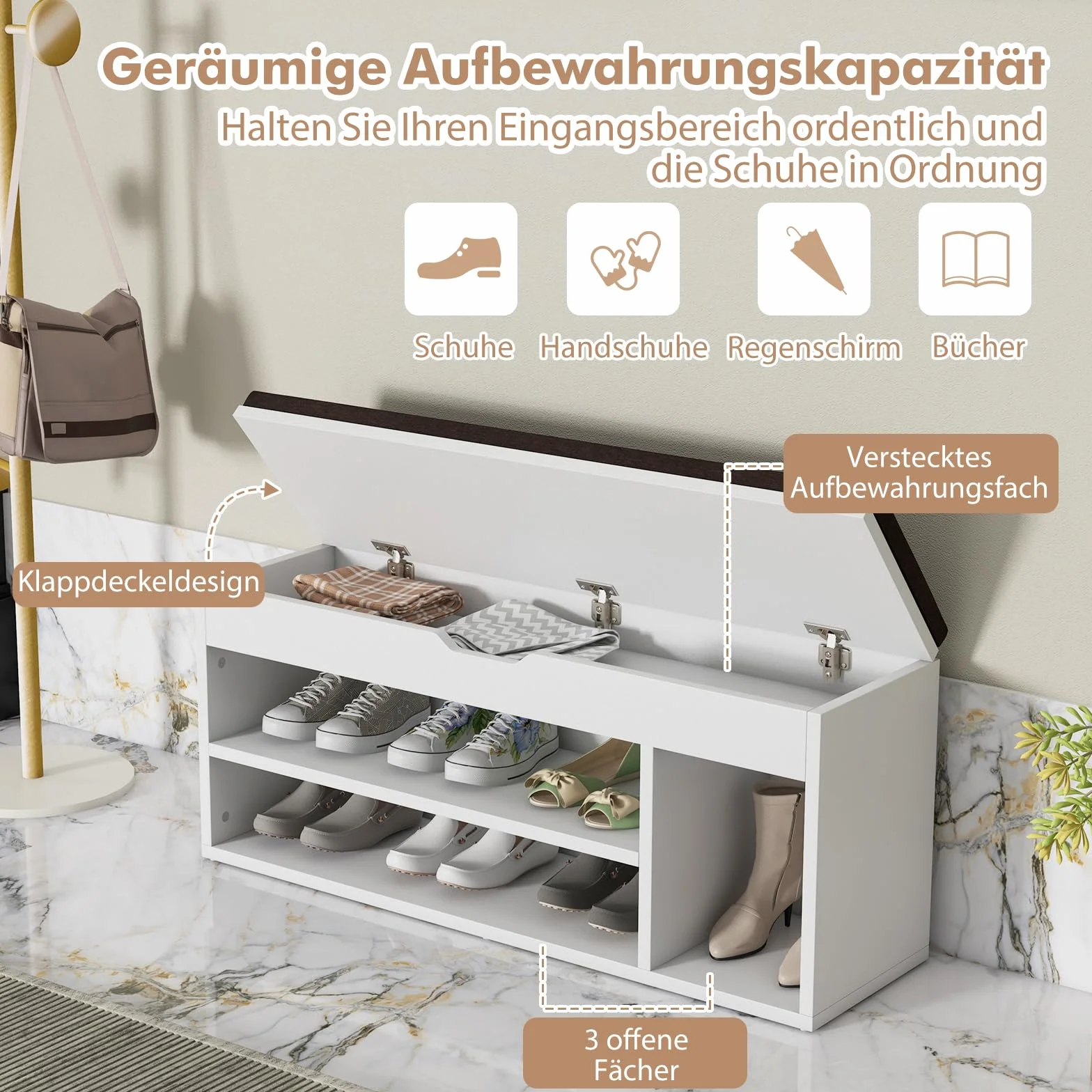 COSTWAY Ławka na buty z siedziskiem i miejscem do przechowywania, 104 x 30 x 48 cm, regał garderobiany, regał na buty, składana szafka na buty, ławka ze stojakiem, poduszka do siedzenia (biały)