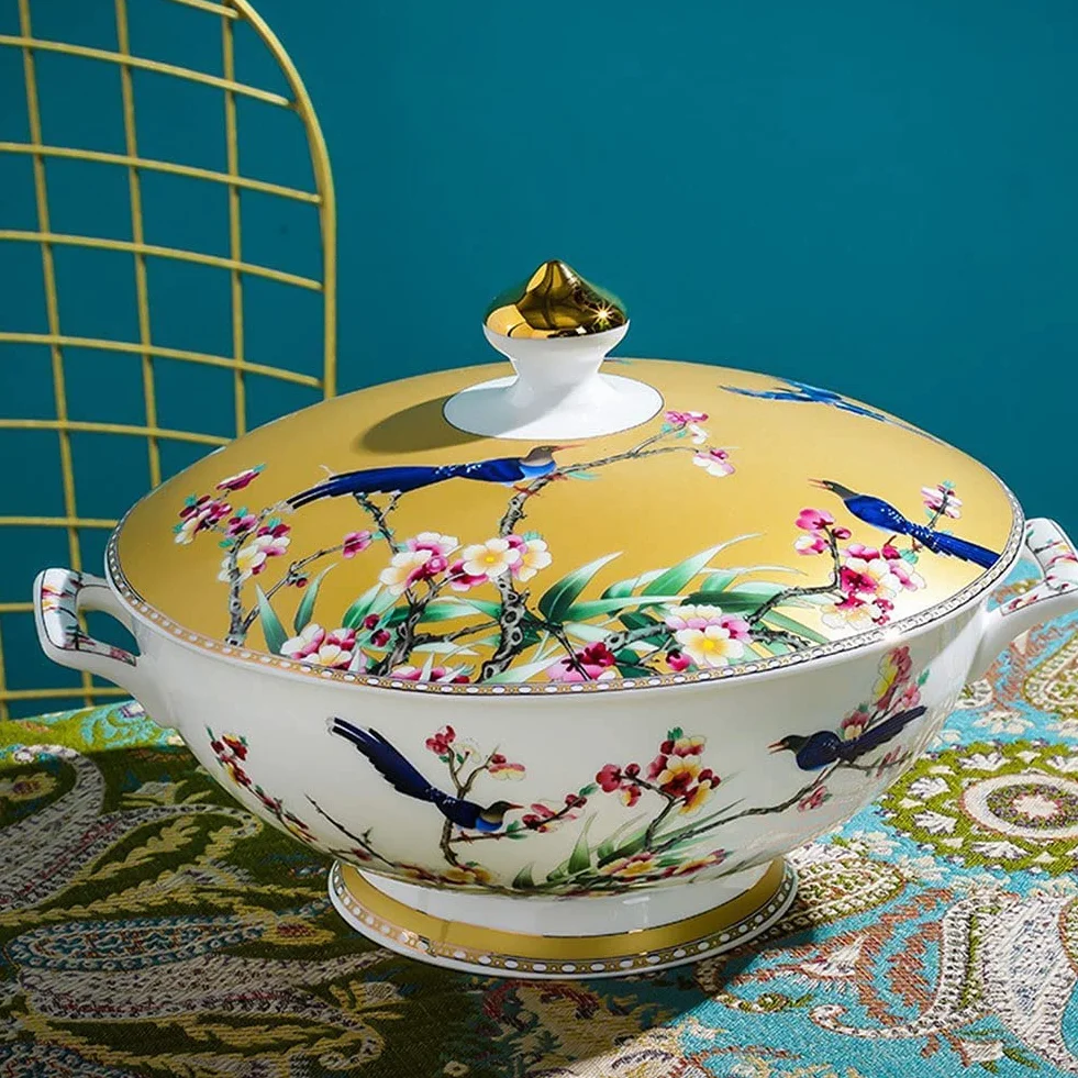 Zestaw naczyń obiadowych z porcelany kostnej Wzór kwiatowy sroki, 70-częściowa ceramika Zastawa stołowa Zestawy obiadowe, talerze i zestawy misek