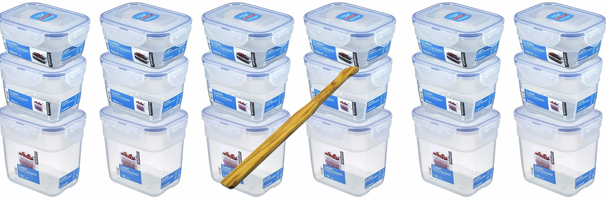 Lock&Lock zestaw pojemników na żywność, 18-częściowy zestaw pokrywek (6 x 550 ml, 6 x 800 ml, 6 x pudełko 1 l), możliwość układania w stos, pusta w sobie i wielofunkcyjna szpachla do drewna oliwkowego