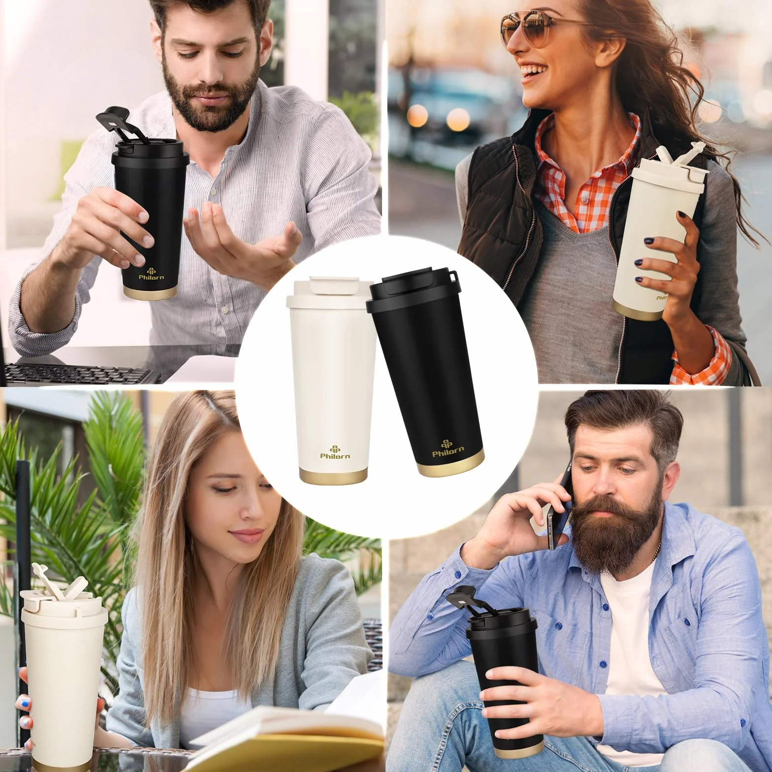 Philorn Kubek Termiczny na Wynos ze Stali Nierdzewnej 316, 500 ml, Ceramiczny Wewnątrz, 100% Szczelności, do Kawy, Biały, Nadaje się do Mycia w Zmywarce