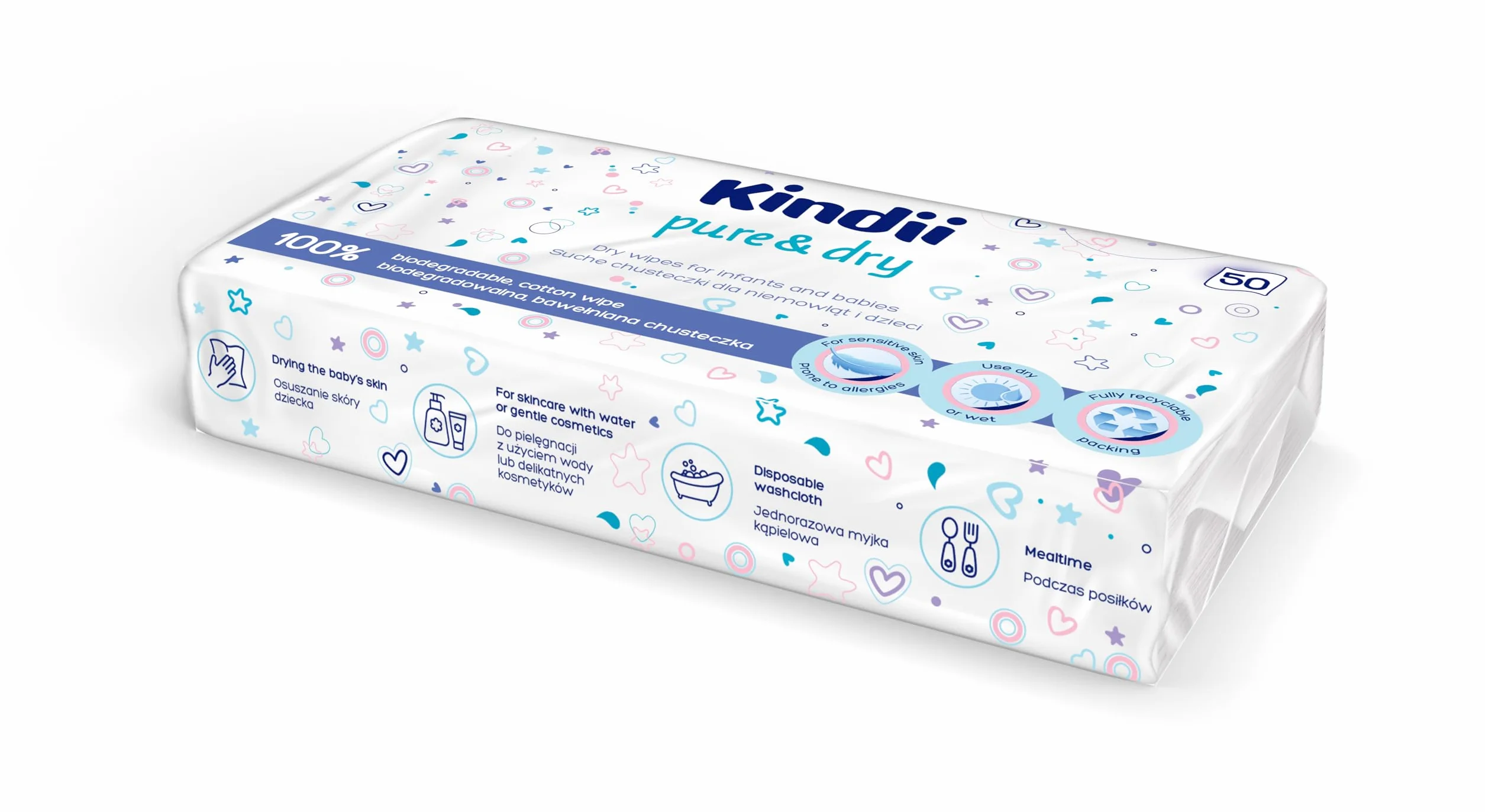 Kindii Pure&Dry Suche Chusteczki dla niemowląt - Baby Essentials - Jednorazowy ręcznik do twarzy - Chusteczki dla niemowląt luzem - Akcesoria dla niemowląt - Wielofunkcyjne - 100% bawełna - 20 x 20 cm