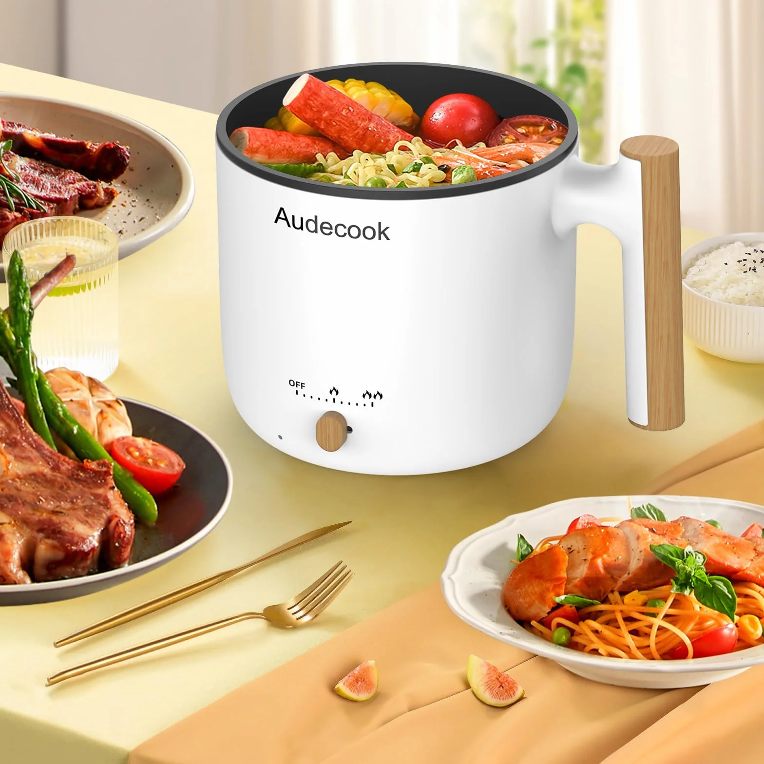 Audecook Elektryczny gorący garnek parowy 1,8 l mini przenośna podróżna kuchenka, wielofunkcyjna patelnia elektryczna nieprzywierająca do smażenia/gulaszu/pary, idealna do makaronu ramen,