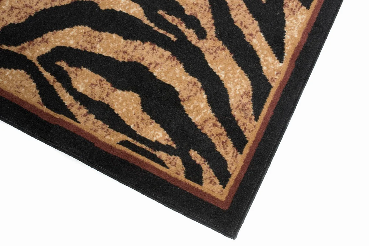 Tapiso Atlas chodnik z krótkim włosiem, dywan do salonu, czarny, beżowy, paski, tygrys, futro zwierzęce, wzór z bordiurą, do sypialni, Ökotex 100 x 300 cm