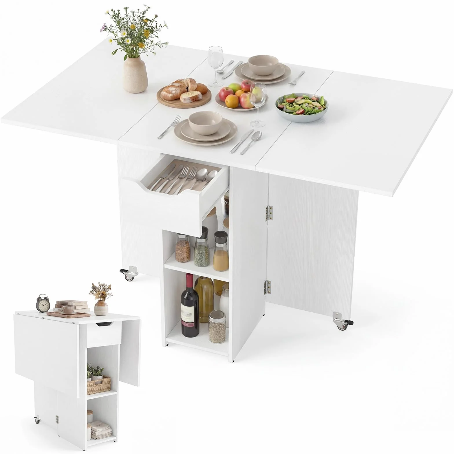 GIANTEX Składany stół kuchenny, składany stół do jadalni, mały, mobilny stół kuchenny z 2 kółkami, 120 x 72 x 75 cm, stół do jadalni dla 4-6 osób, rozkładany stół do małych pomieszczeń, drewniany stół