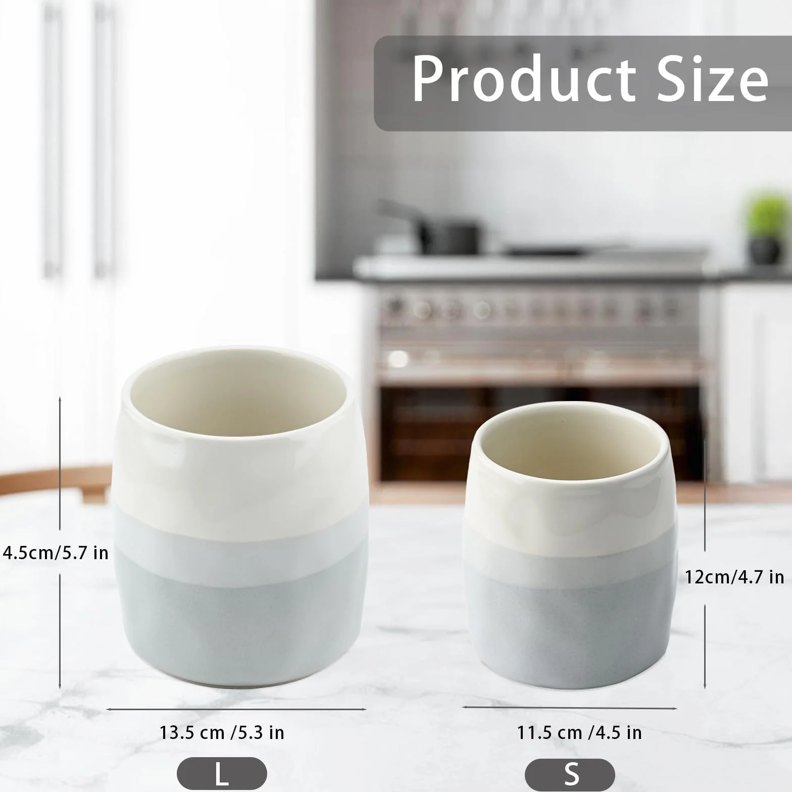Ceramiczny Pojemnik na Przybory Kuchenne, Garnek na Akcesoria Kuchenne do Organizacji Blatu, Ceramiczny Organizer na Łyżki, Szpatułki i Sztućce, Kremowo-Szary Warstwowy Design (S)