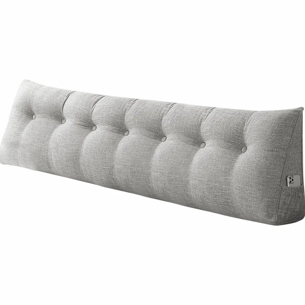 Poduszka klinowa, trójkątna, podparcie okolic lędźwiowych, duża poduszka pod plecy, bawełna i len, poduszka do czytania, zdejmowana (Jasno Szary, 200 x 50 x 20 cm, Bawełna i Len)