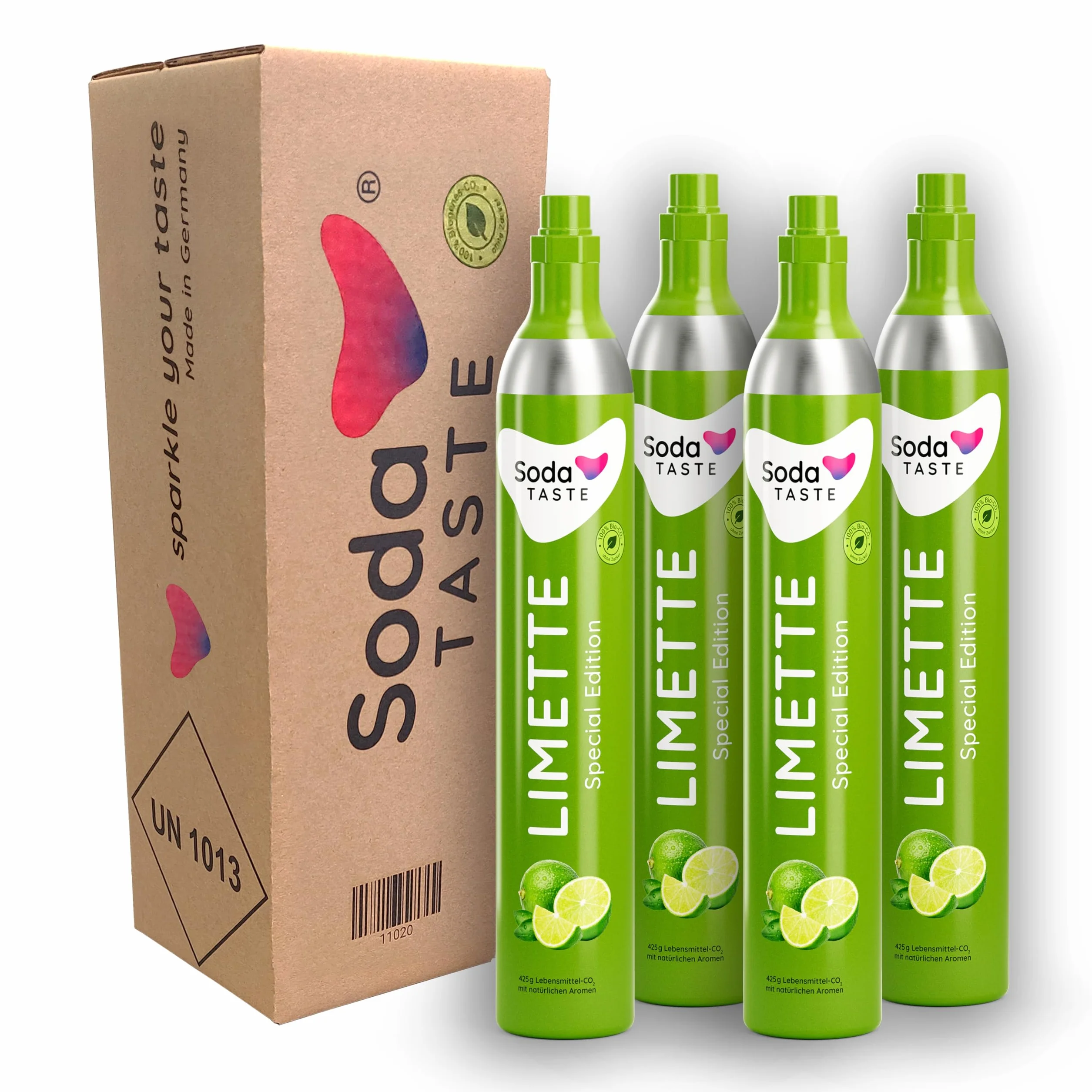 SodaTASTE Wymiana cylindrów CO2, 4 sztuki (uzupełnienie) do saturatora wodnego, o naturalnym aromacie limonki, bez syropu, do 240 l wody gazowanej o smaku, bez cukru (Uwaga: potrzebne 4 puste cylindry