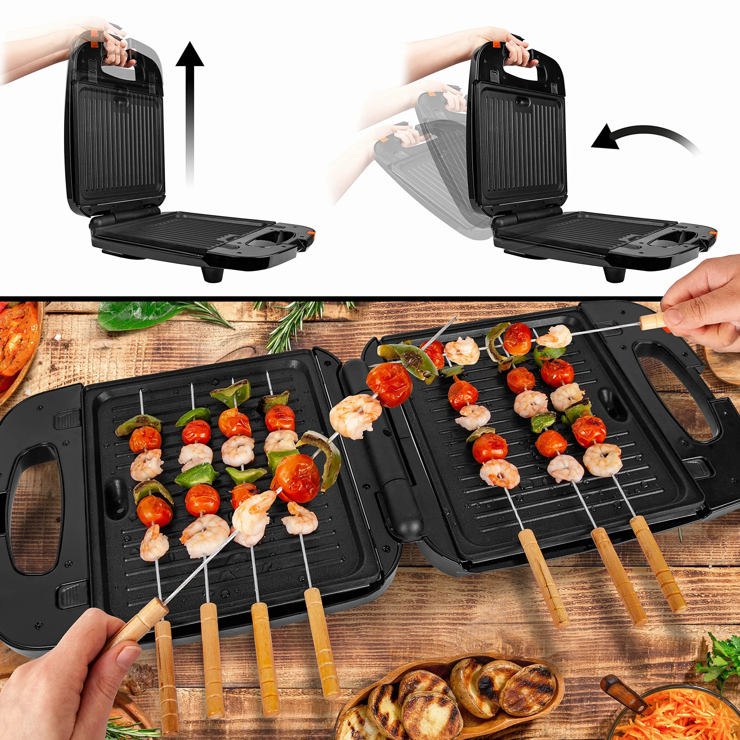 Duronic SWM60 Gofrownica grill i opiekacz do kanapek w 1 urządzeniu 1200W | wyjmowane talerze | łatwe czyszczenie | nieprzywierająca powłoka | 4 gofry belgijskie na raz | opiekacz do panini