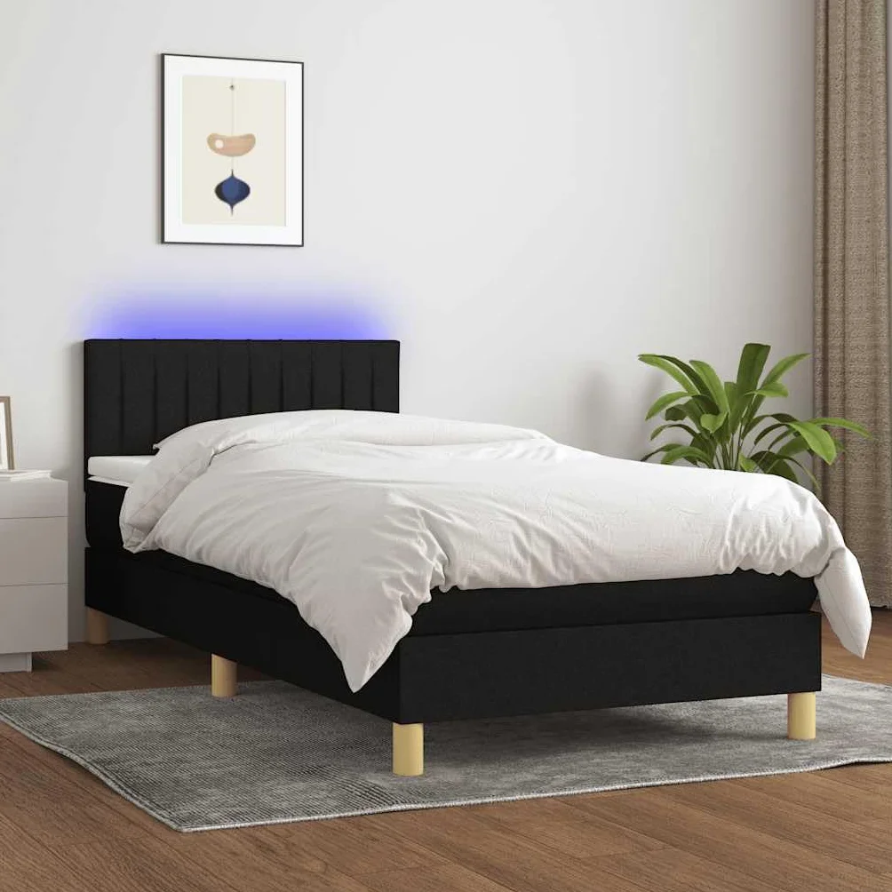 Z materacem z diodami LED regulowany zagłówek 80x200 cm czarny | Łóżko kontynentalne z materacem sprężynowym LED czarne 80x200 cm tkanina z zagłówkiem