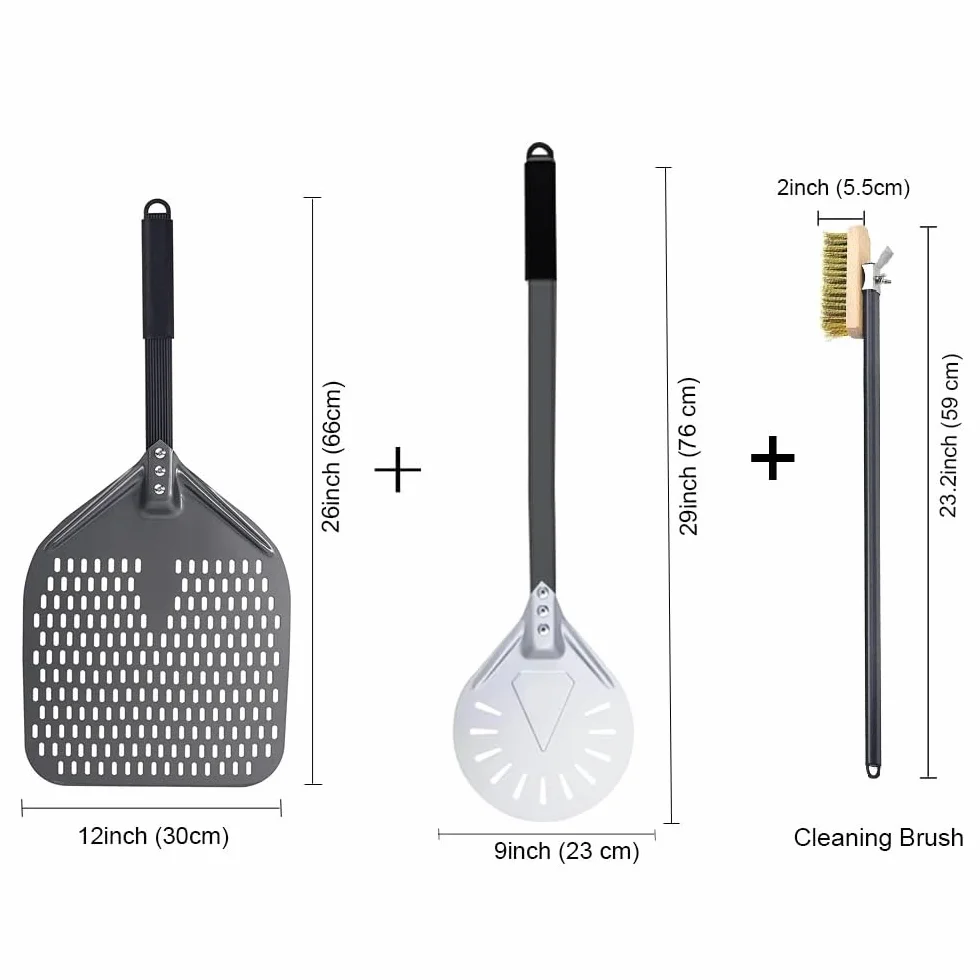 Perforowana łopatka do pizzy zestaw 30 cm, aluminiowa łopatka do pizzy i łopatka do obracania, ze szczotką do czyszczenia piekarnika, niezbędne narzędzie do pizzy do pieczenia i grillowania