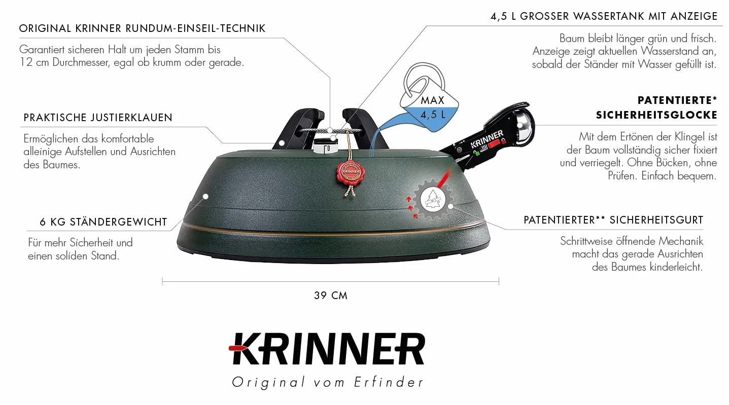 KRINNER® Ultra Grip XL stojak na choinkę w zestawie z pedałem nożnym z dzwonkiem zabezpieczającym i zbiornikiem na wodę o wysokości 4,5 l, na wysokość drzewa do 3,0 m, Made in Germany 94245, zielony
