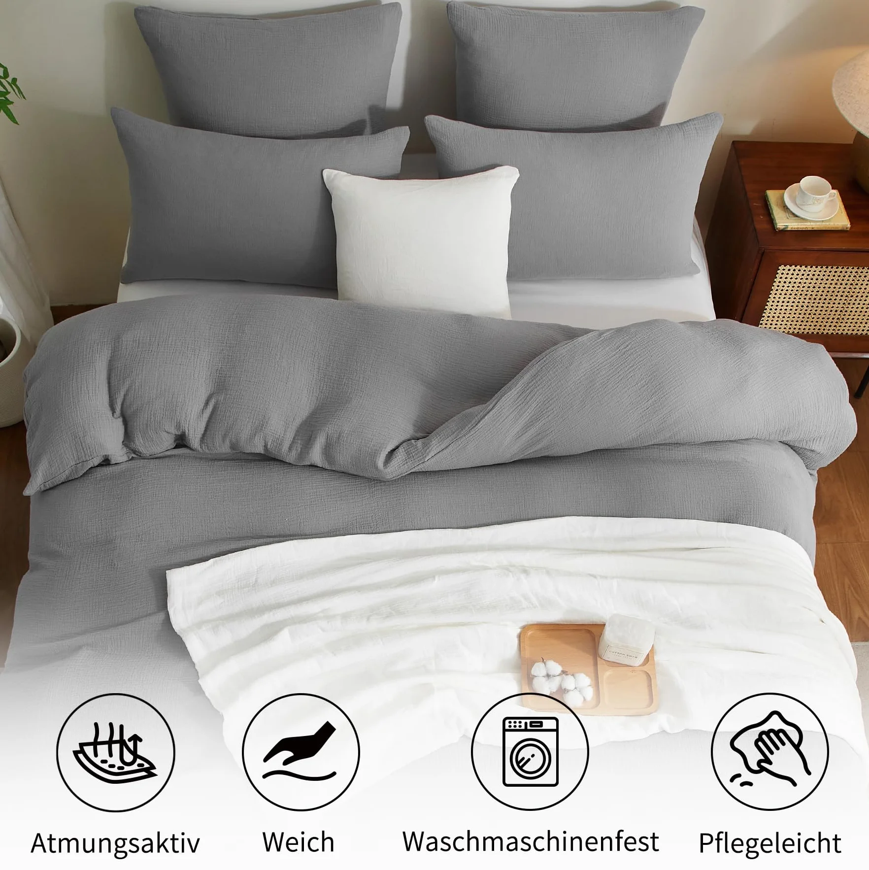 Bailix Premium Komplet pościeli z muślinu 200x220, 3-częściowy, 100% bawełna, oddychająca i nie wymaga prasowania, poszwy na kołdry 200x220cm + 2 poszewki na poduszki 80x80cm, zestawy pościeli