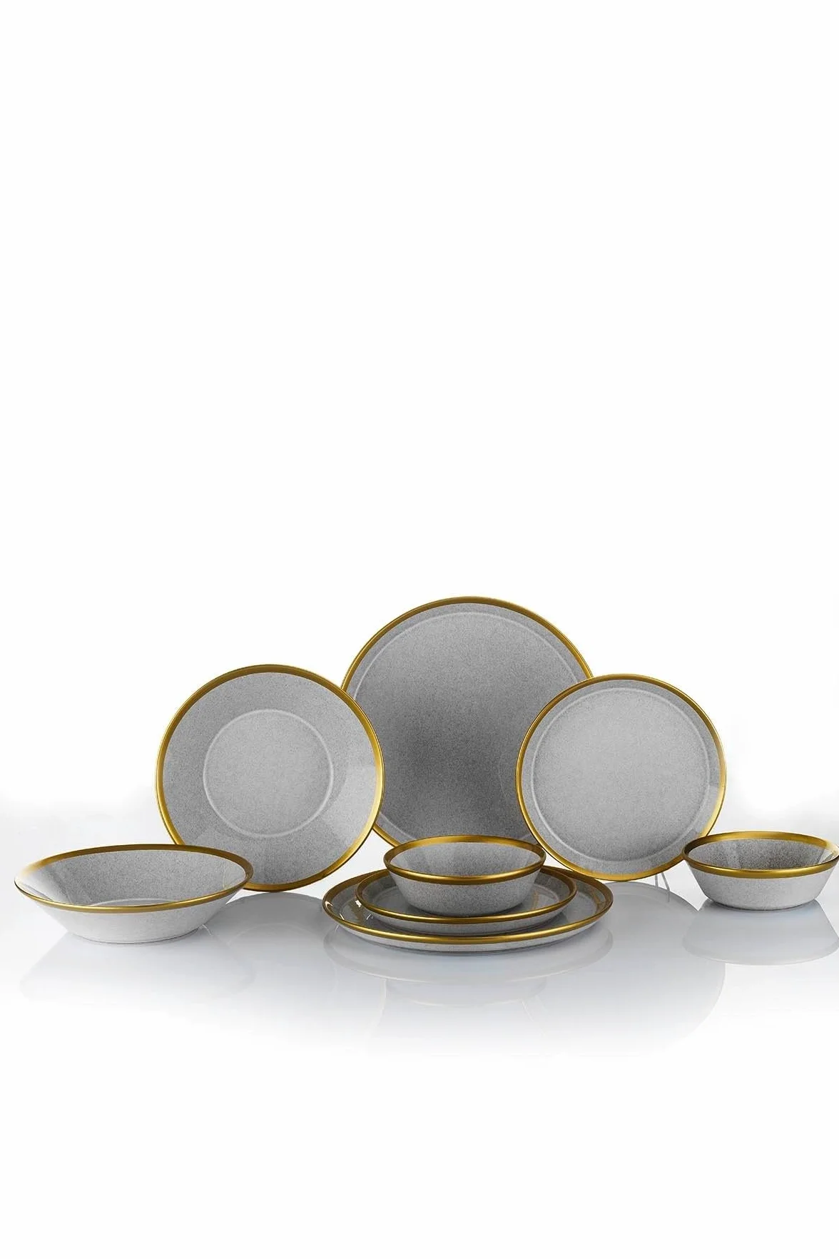 Elegancki 16-częściowy zestaw obiadowy, 100% porcelana, szary i złoty | w zestawie 4 talerze serwisowe (25 cm), talerze (20 cm), miski (14 cm), kubki (8 cm) | stylowe i wyrafinowane doświadczenie w