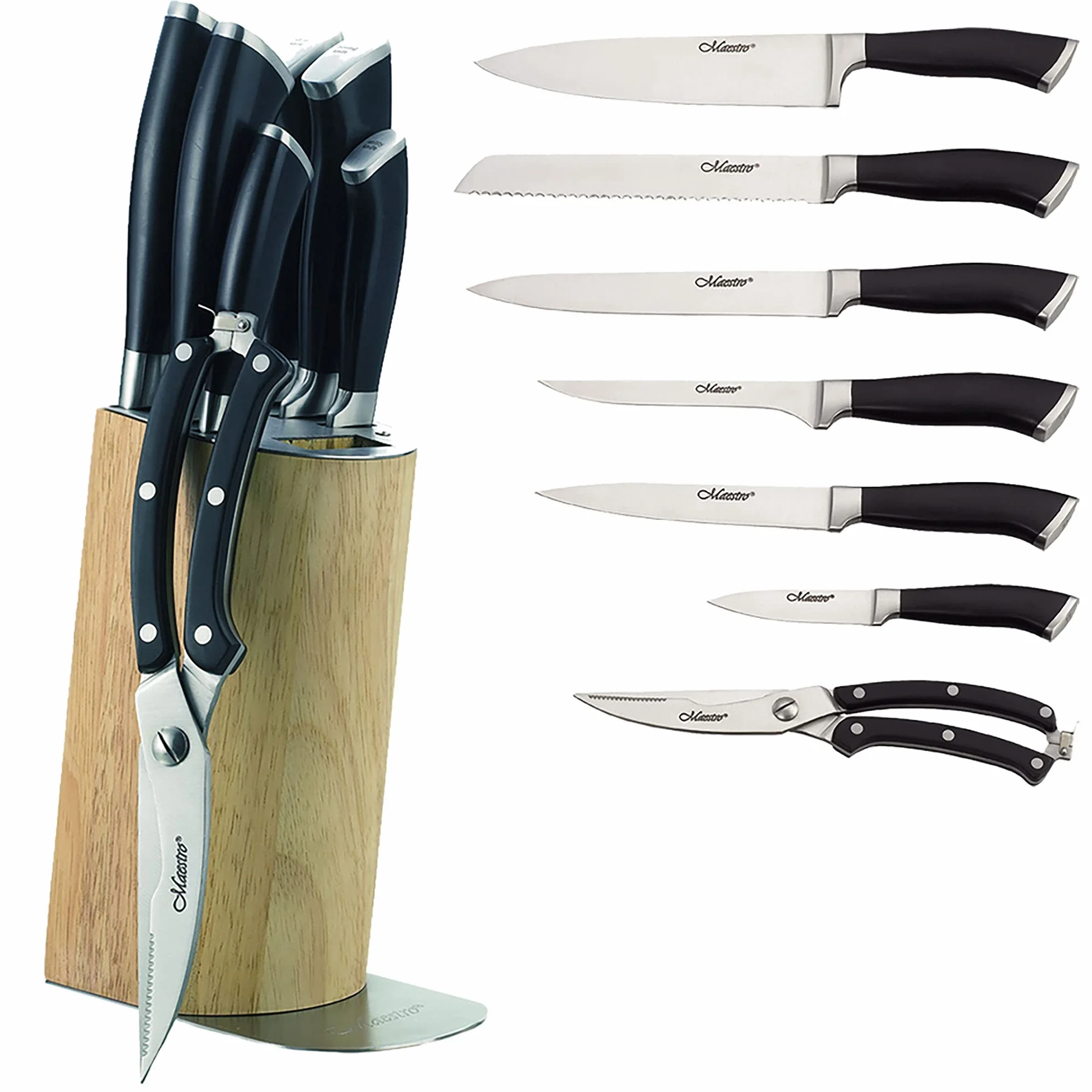Maestro MR-1422 profesjonalny blok noży kuchennych, 8 sztuk, nowoczesny design, 6 noży ze stali nierdzewnej, ergonomiczne uchwyty, nożyczki