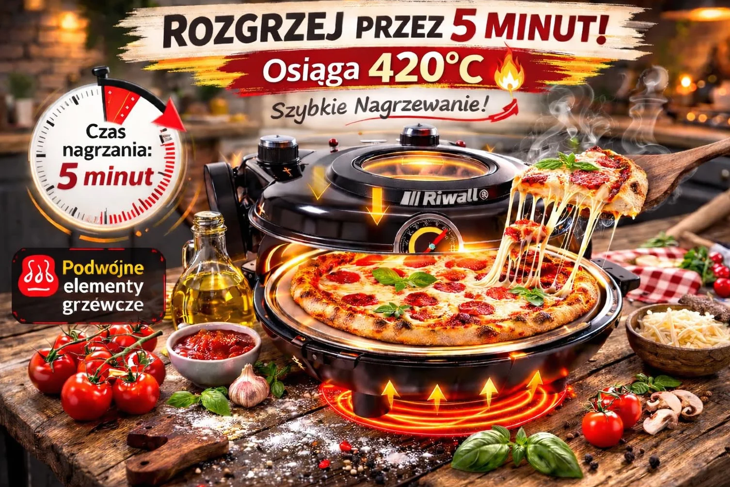 PIEC DO PIZZY MINI PIEKARNIK RIWALL RP-01 kamień 420°C 1200W 2 x ŁOPATKA
