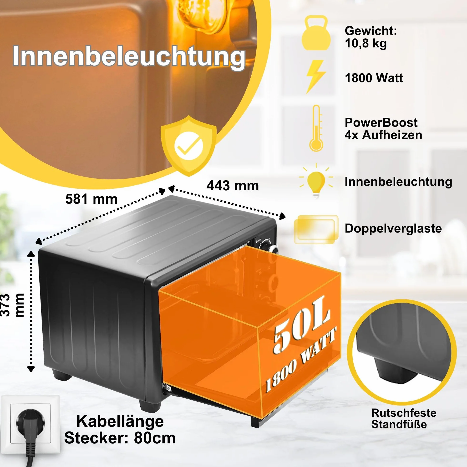 ICQN 50 l mini piekarnik z obiegiem, 1800 W, oświetlenie wewnętrzne, 5 funkcji gotowania, timer 60 min, w zestawie zestaw blach do pieczenia, mini piekarniki