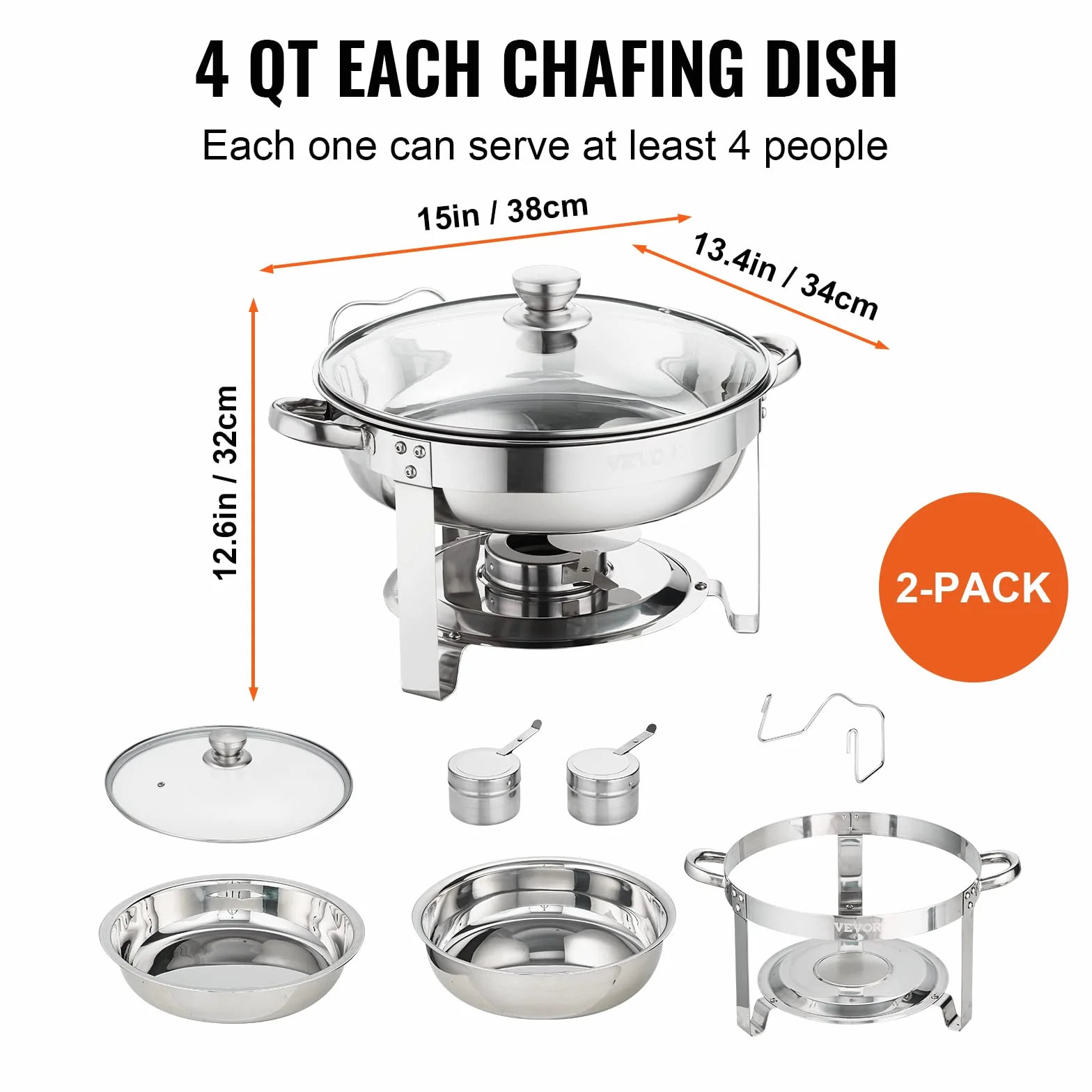VEVOR Zestaw 2 szt. 4 Qt stal nierdzewna Chafer okrągły podgrzewacz do serwowania otarć zestaw bufetowy ze stali nierdzewnej, 4 l
