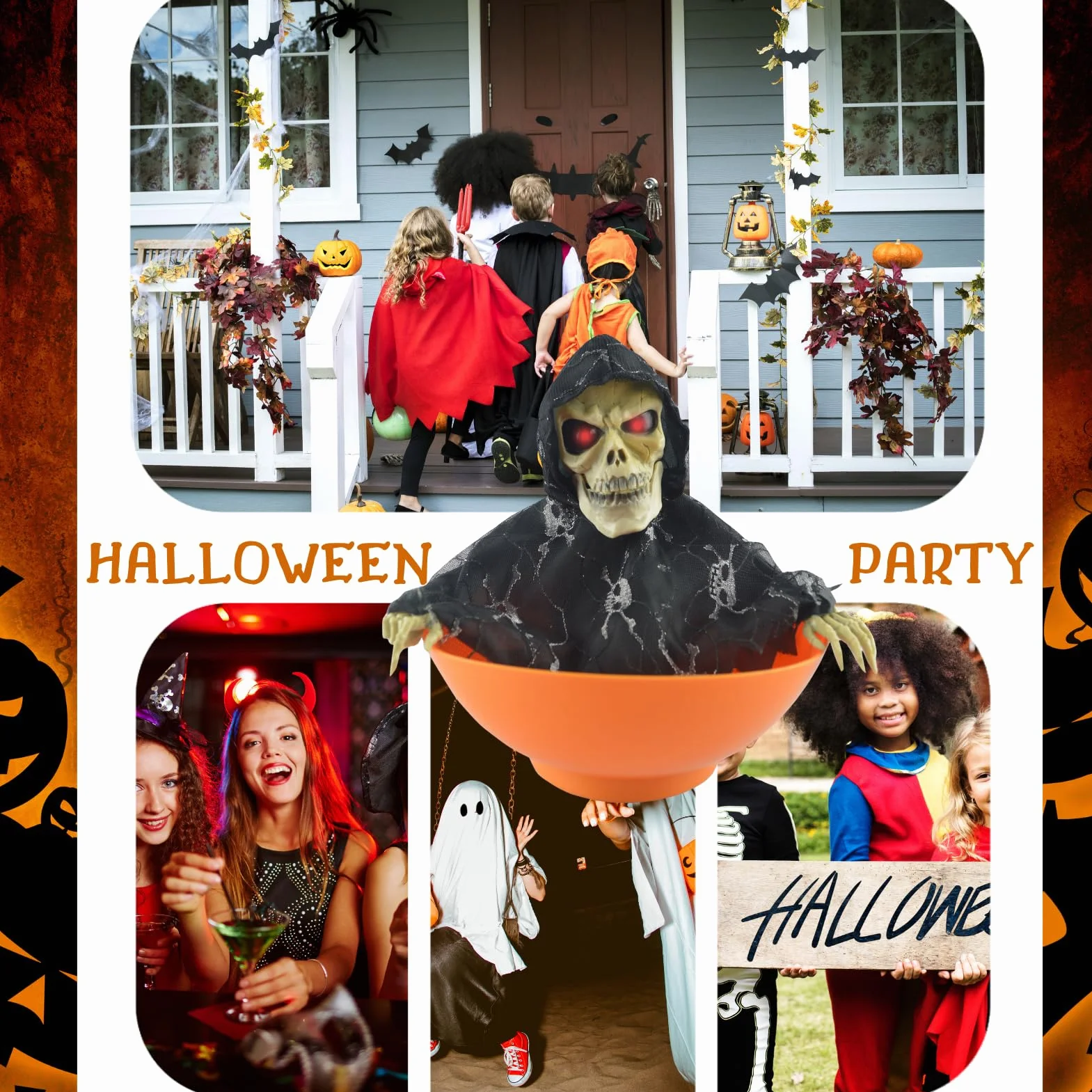 Halloweenowa Miska na Cukierki, Uchwyt na Cukierki na Halloween Animowany Szkielet Elektryczny świecący Duch Czaszka Miska na Cukierki z Czerwonymi Oczami i Przerażającym(Pomarańczowy)