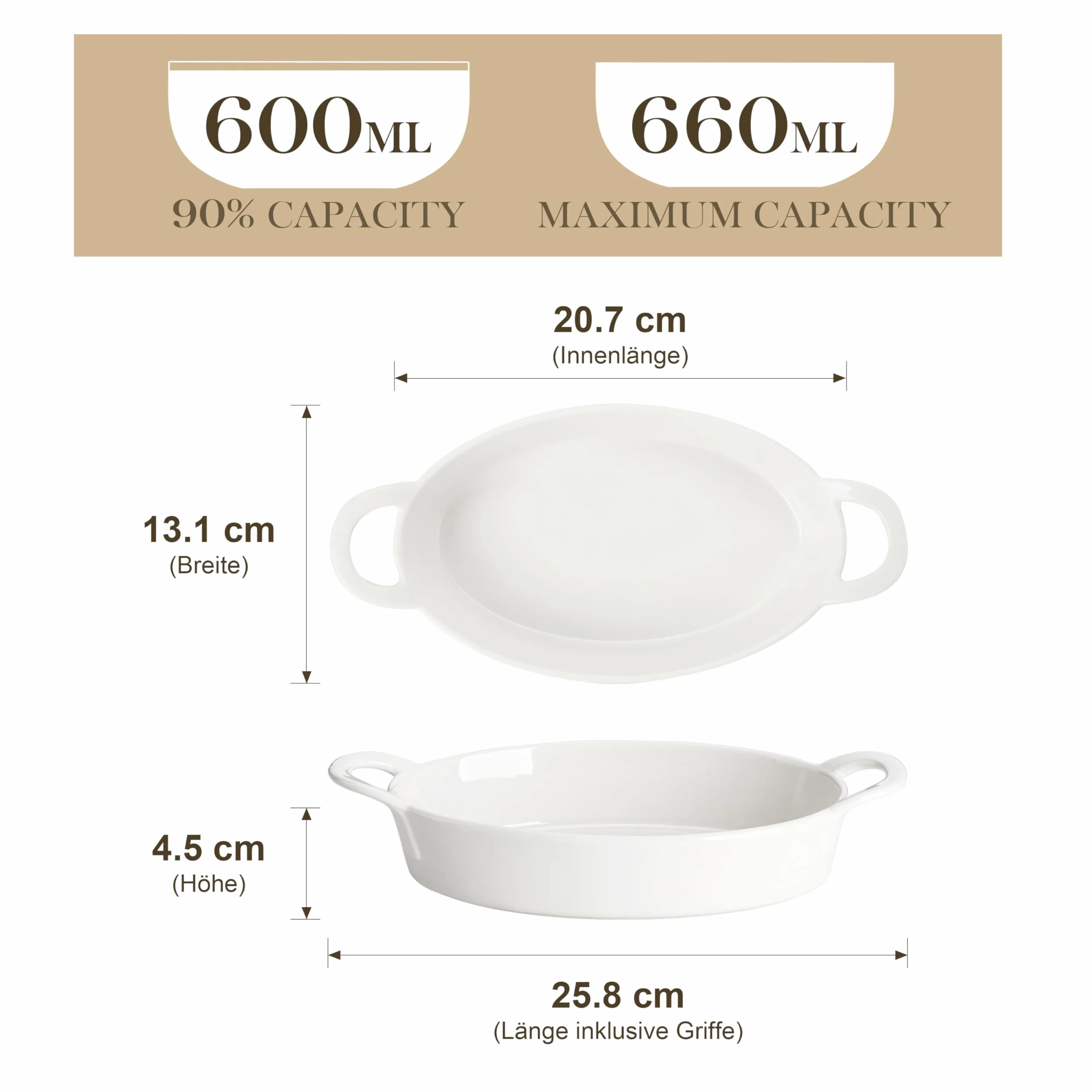 MALACASA Owalne ceramiczne naczynia do pieczenia w piekarniku, idealne do lasagne, placka pasterskiego i więcej - małe naczynie do ciasta, zestaw 4 sztuk, 22 uncje, białe, bezpieczne do piekarnika
