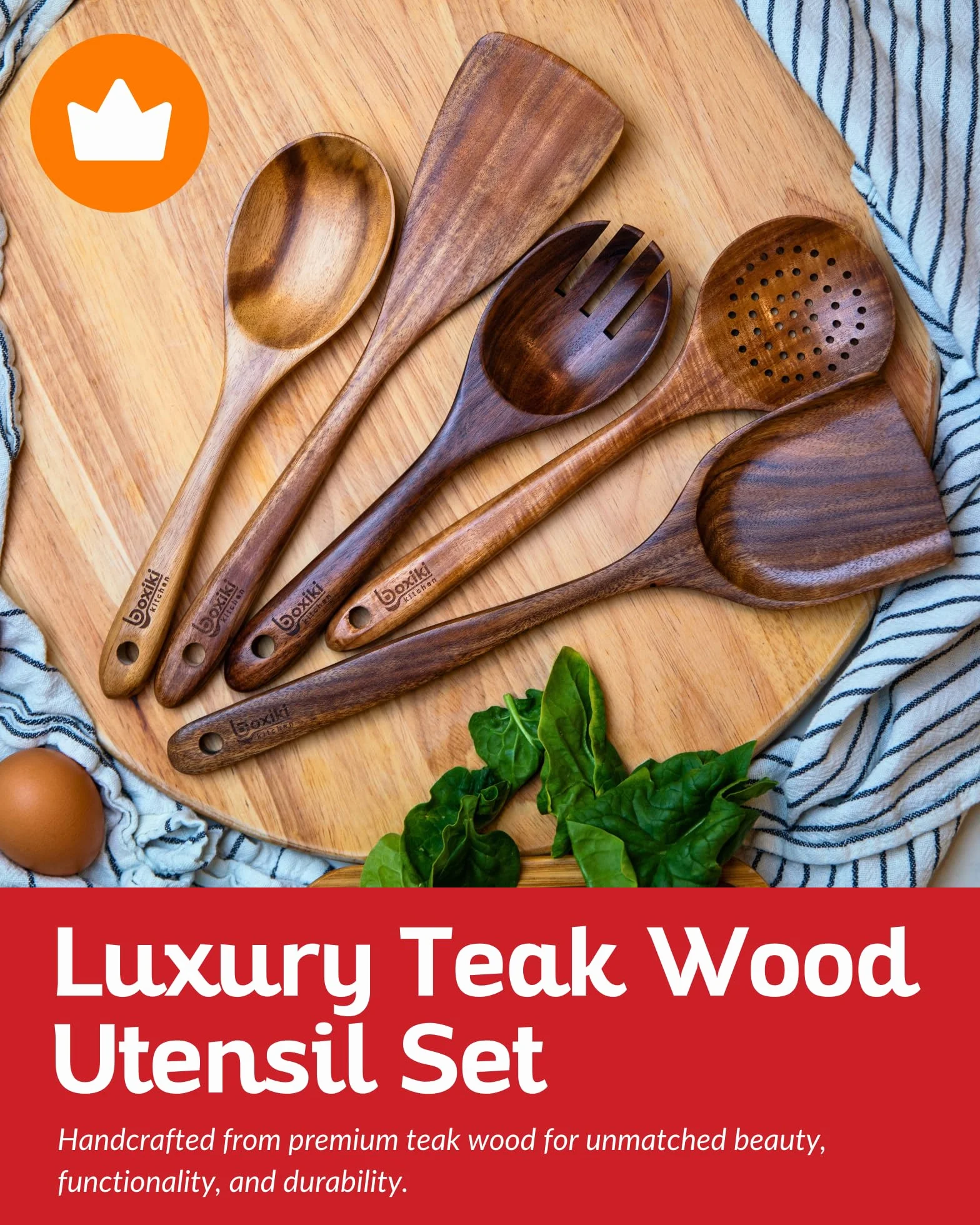 Boxiki Kitchen Luksusowy zestaw przyborów z drewna tekowego – elegancki 6-częściowy zestaw do gotowania zawierający łyżki, serwer, skrobak i szpatułkę – fachowo wykonany z myślą o doskonałości