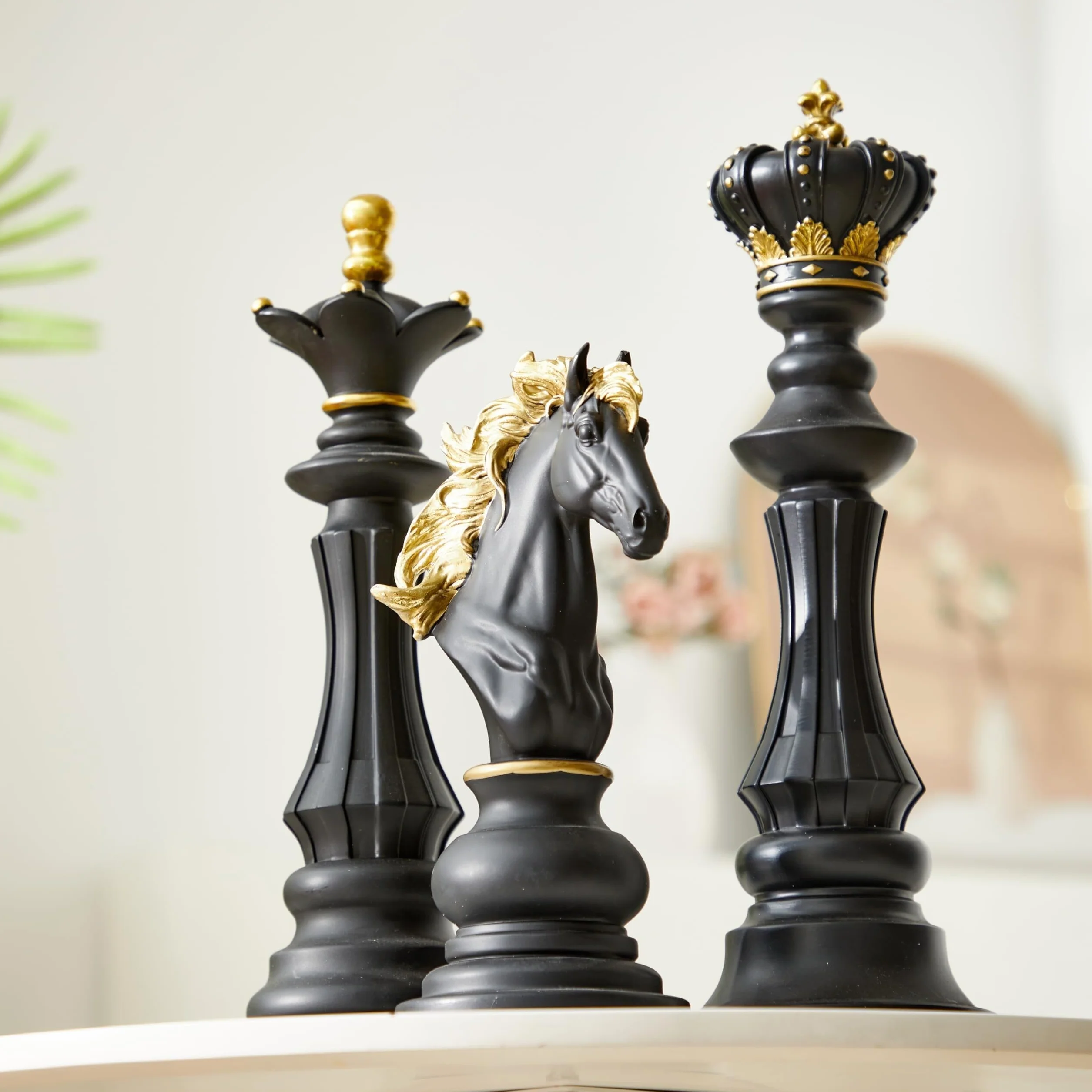 Element centralny stołu, 3 szt., duża statuetka szachowa, zestaw, król, królowa, rycerz, rzeźba, ozdoba, figurka kolekcjonerska, do domu, biura, na stół, prezent, dekoracja regału na