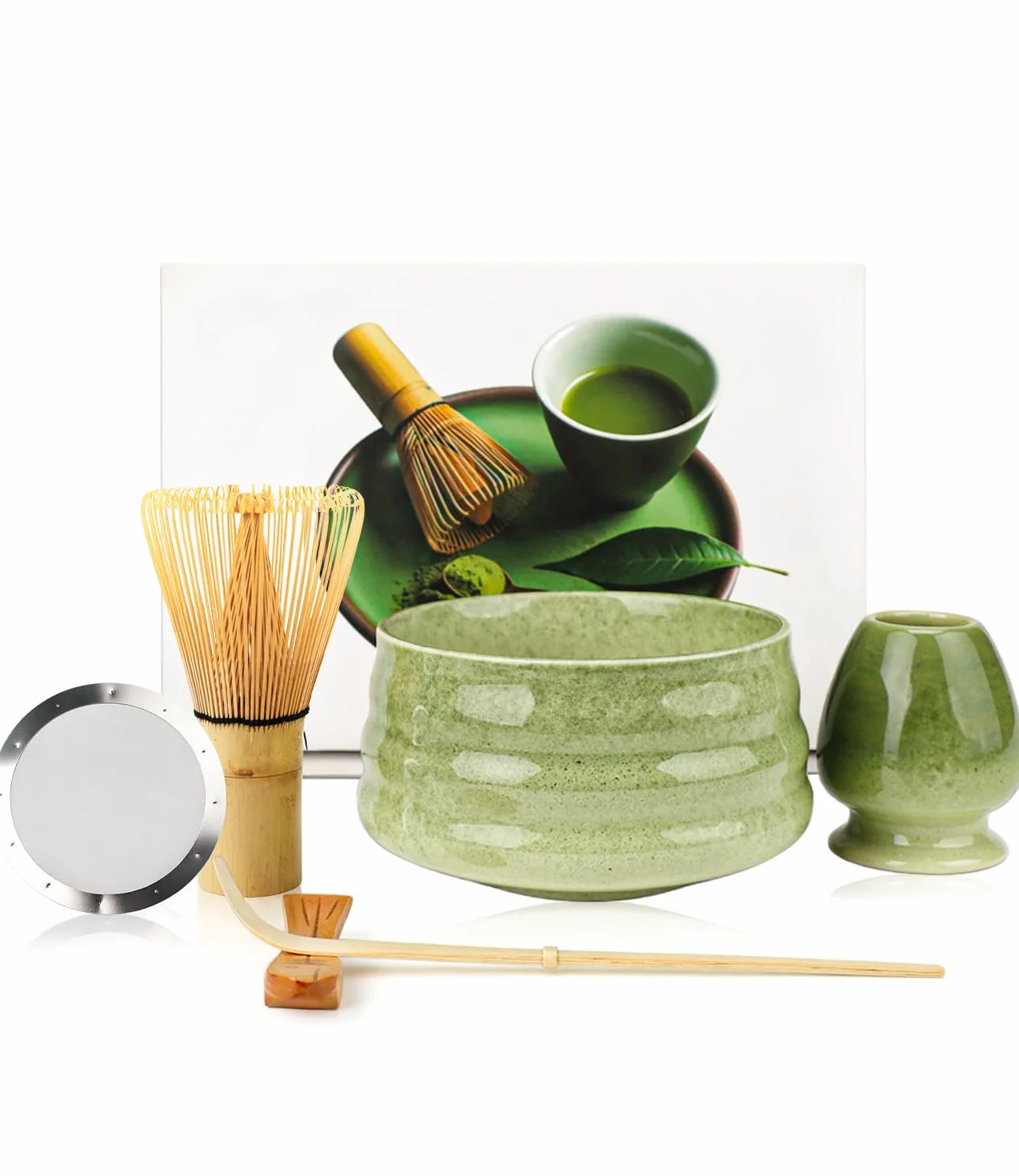 Zestaw Matcha - 5-częściowy zestaw japońskiej matchy, z miotłą, miską, uchwytem na łyżkę i sitkiem - zielony, japoński, ceramiczny, 5 szt