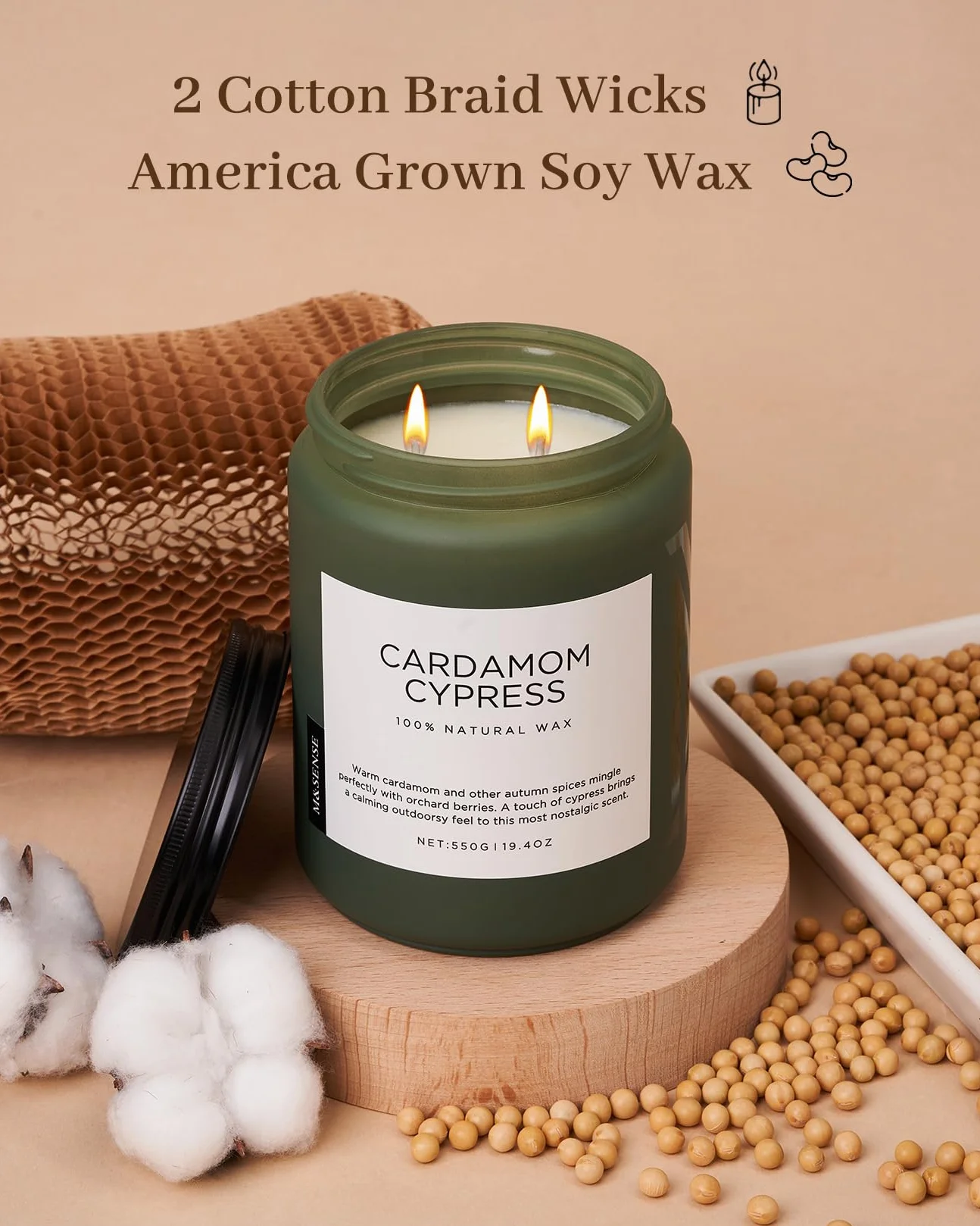 M&SENSE Kardamon & Cyprys Świeca zapachowa w szkle 2-knotowa 550g Świeca z wosku sojowego 110 godz. czasu palenia czysta nietoksyczna świeca jesienna do wystroju wnętrz CardamomCypress