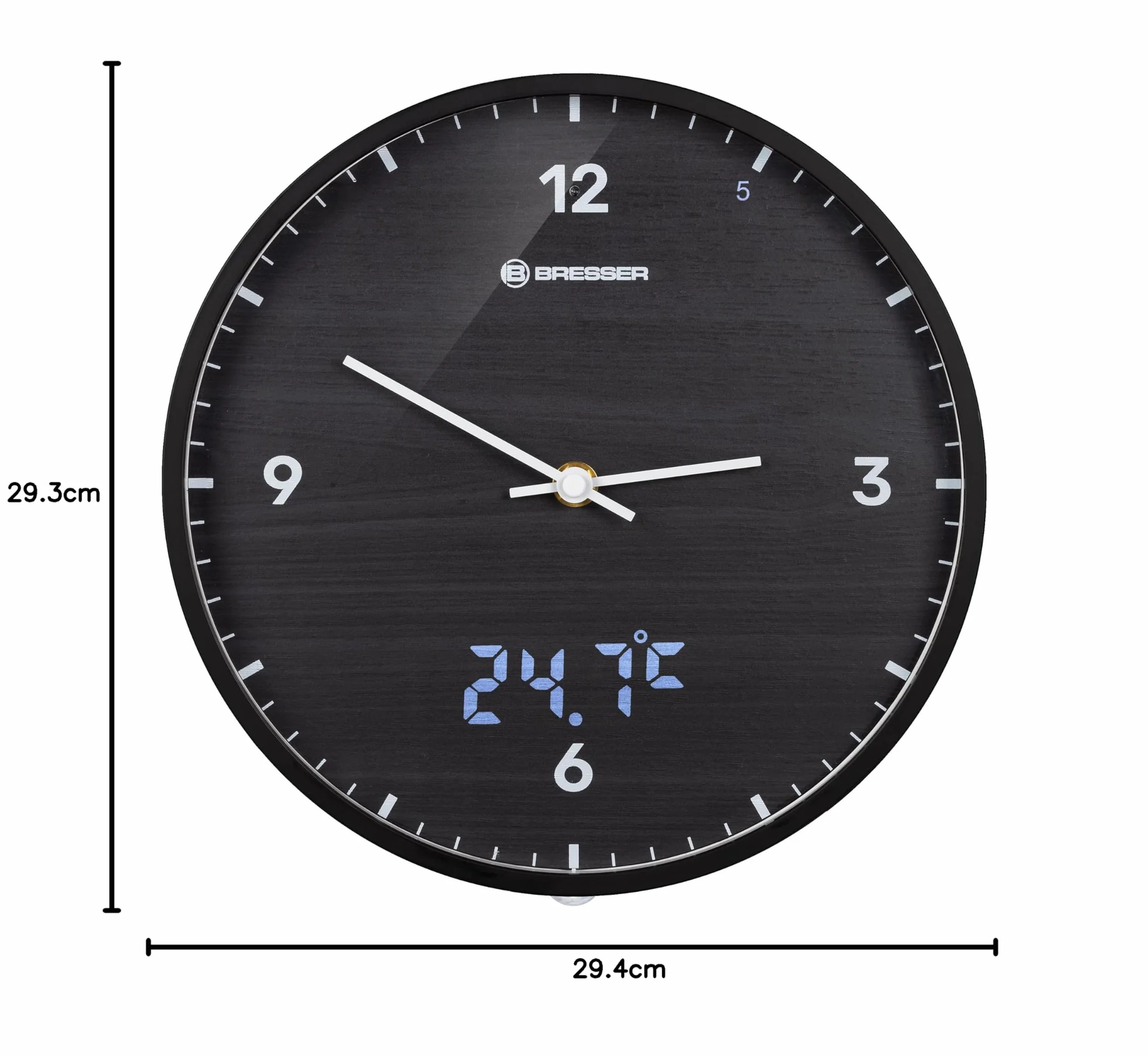 Bresser Zegar radiowy MyTime LEDsec z tarczą 24 cm, wyświetlaczem sekundnika LED, temperatura wewnętrzna i bezgłośny mechanizm zegarowy, czarny