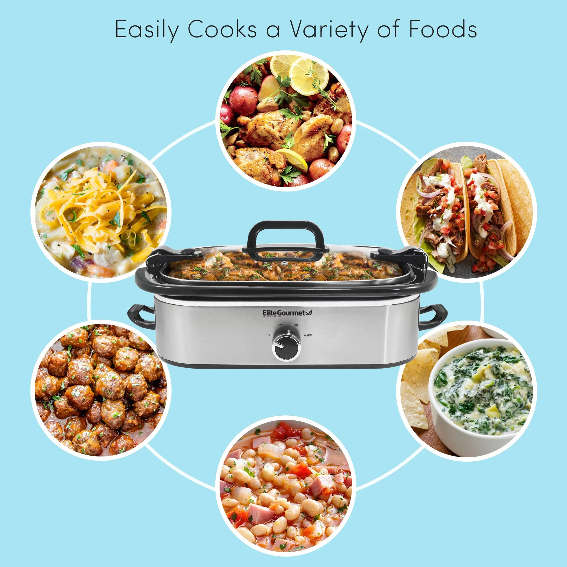 Elite Gourmet MST-5240SS garnek do garnka z zamykaną pokrywką, regulowana temperatura, utrzymuje ciepło, nadaje się do piekarnika i mycia w zmywarce, pojemność 3,3 l, stal nierdzewna