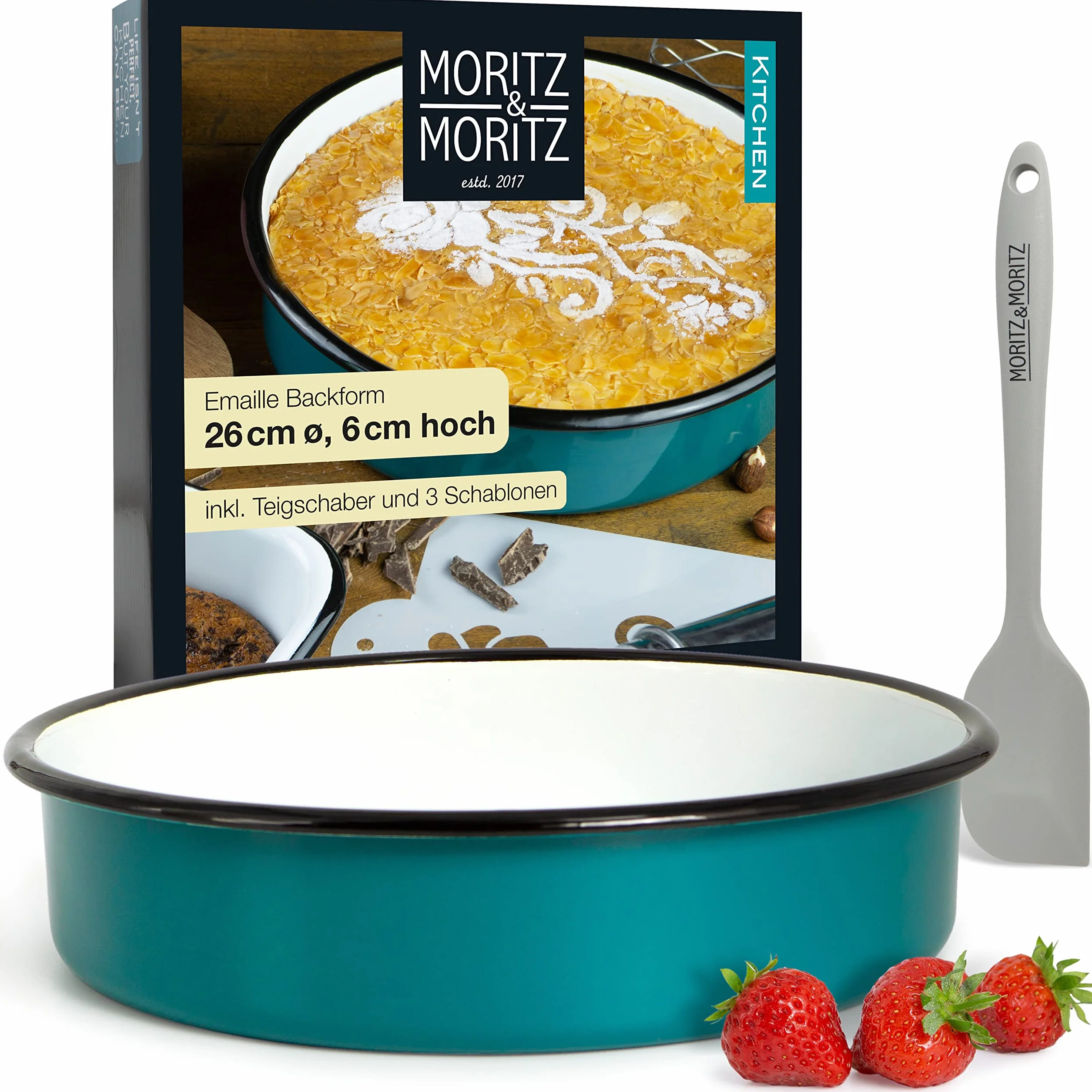 Moritz & Moritz Okrągła forma do ciasta 26 cm emaliowana - okrągła forma do pieczenia ciast i tortów - również jako emaliowana miska do sałatki - w zestawie skrobak do ciasta, 3 szablony dekoracyjne i