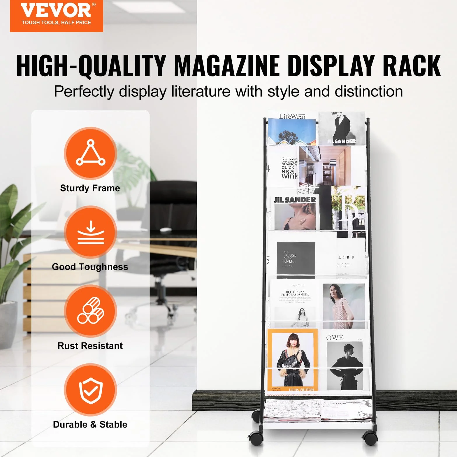 VEVOR 6-stopniowy stojak na czasopisma, stojący uchwyt na katalog gazet, ruchomy z 4 kółkami (2 blokady), 6 toreb