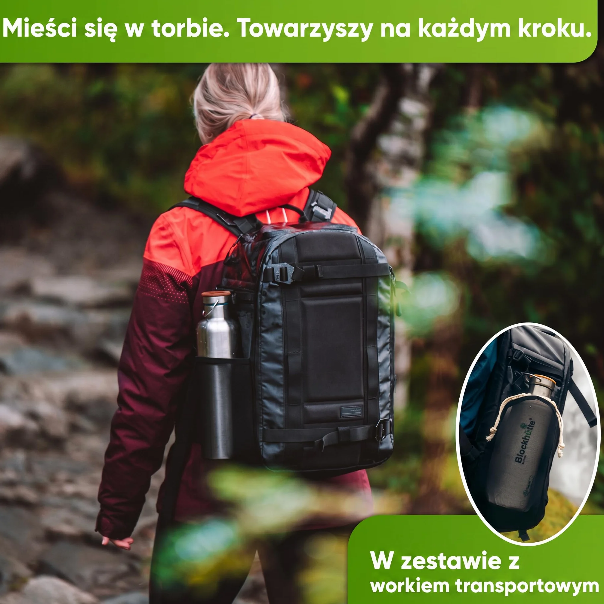 Blockhütte. Butelka na napoje, ze stali nierdzewnej, premium, izolowana, 1 l, z ekologiczną szczotką do czyszczenia butelki, zabezpieczona przed wyciekiem, nadaje się do zmywarki, do biura, bez bisfenolu A