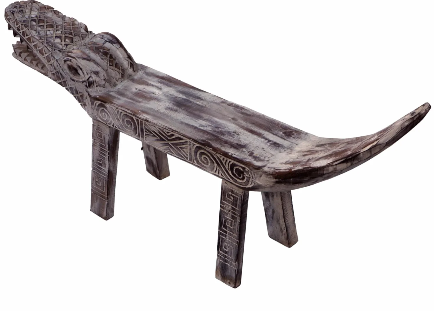 GURU SHOP Rzeźbiona ławka krokodylkowa antyczna biel - 130 cm