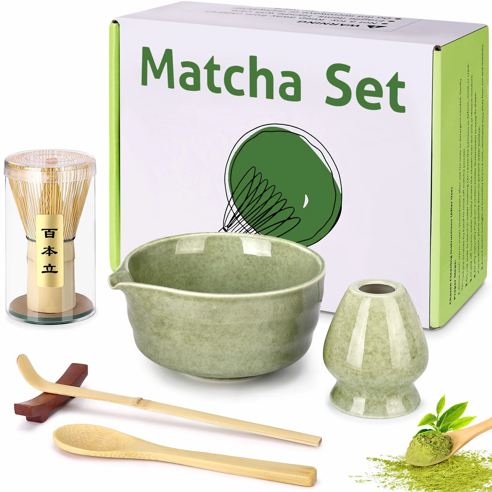 6-częściowy zestaw mioteł do matchy, miska do matchy z wylewką, uchwyt do whisky matcha, łyżka i uchwyt, japoński zestaw do herbaty matcha, akcesoria dla miłośników matchy (zielony)