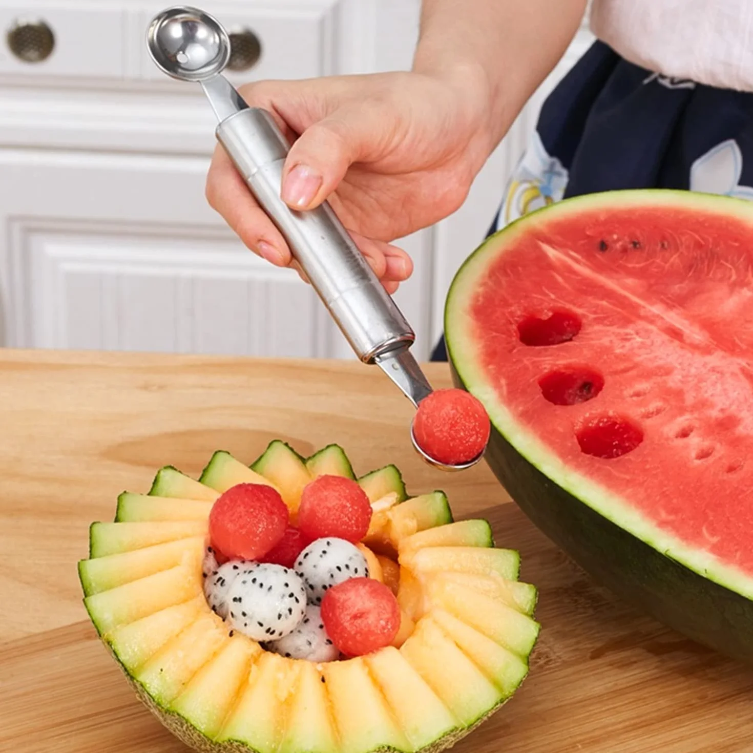 2 sztuki dwustronnych balerów do melona, stal nierdzewna, wielofunkcyjne narzędzie do rzeźbienia arbuza, "zrób to sam"