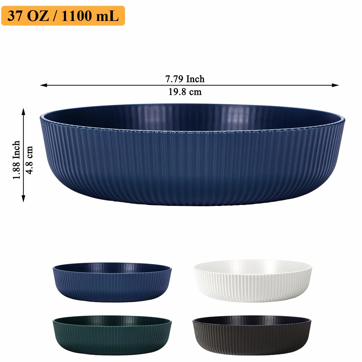 Berglander Zestaw misk do makaronu 4 sztuki, wielokrotnego użytku 37oz, niemalejące duże plastikowe miski do zupy/sałat/owoców/serwowania, do domu, restauracji, na zewnątrz, piknika, kempingu