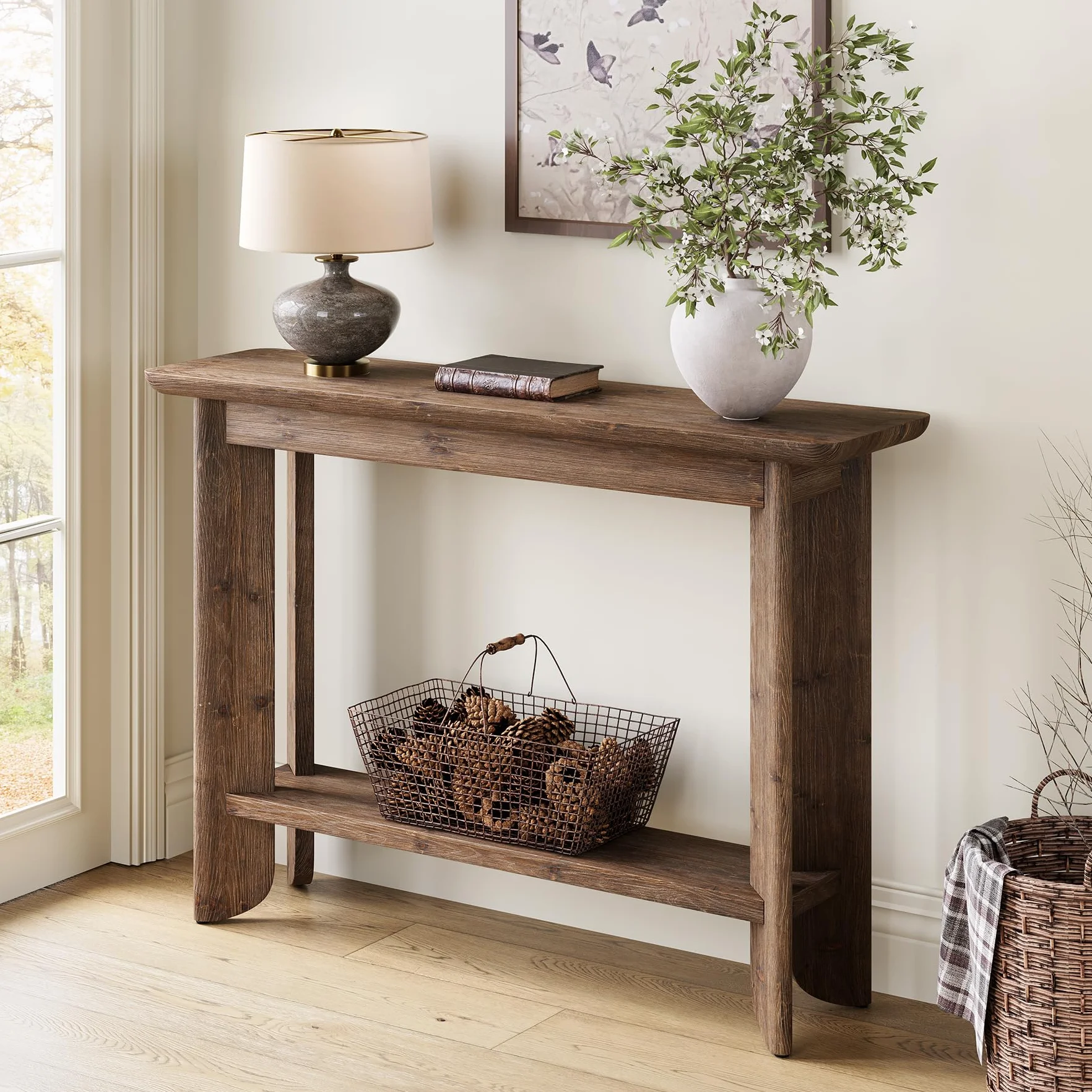 Stół konsolowy z litego drewna 105 cm, 2 w 1, stół do przedpokoju i sofy, stół z prawdziwego drewna orzechowego z półką, wąska konstrukcja do przedpokoju i salonu, łatwy montaż 30 minut