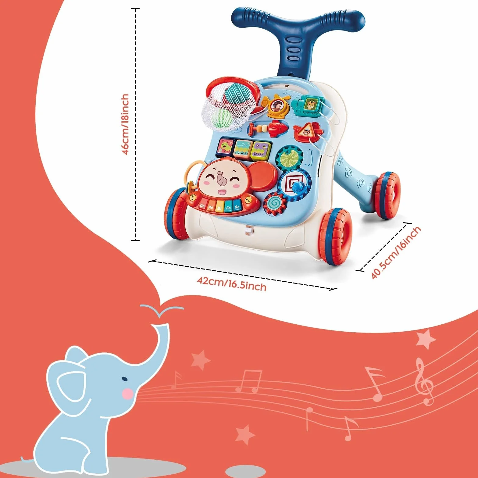 Pomoc w nauce chodzenia dla dzieci, 2 w 1, wózek do nauki chodzenia z zabawką i dźwiękami Montessori, muzyką i zdejmowaną planszą do gry, pomoc w chodzeniu z regulowaną prędkością, dla dzieci od 6